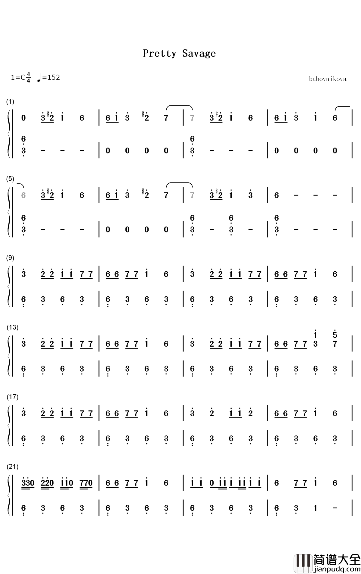 Pretty_Savage钢琴简谱_数字双手_Blackpink