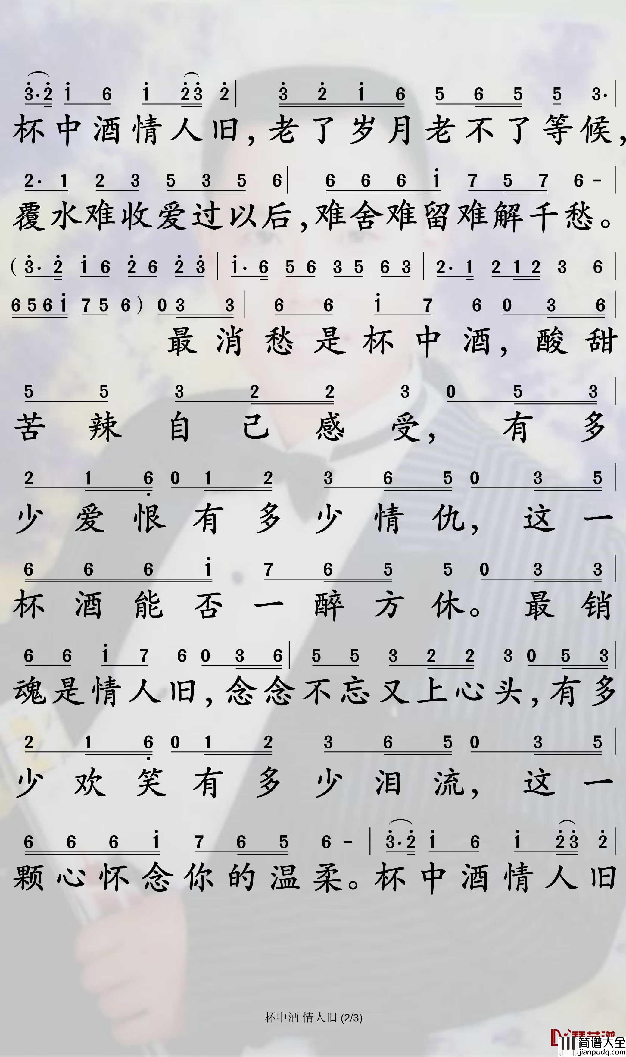 杯中酒情人旧简谱_陈瑞/王峰歌曲_孙世彦曲谱