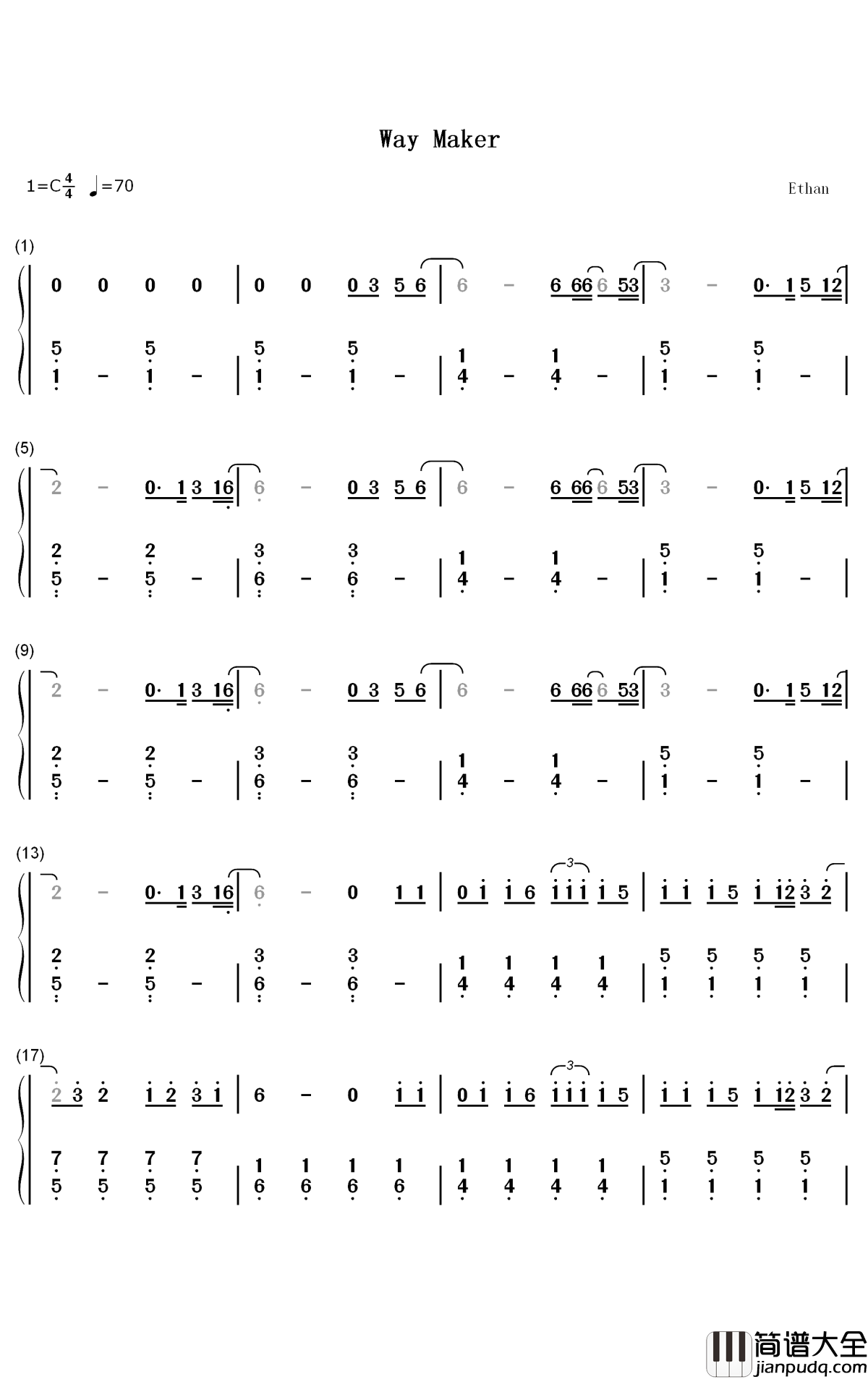 Way_Maker钢琴简谱_数字双手_Sinach