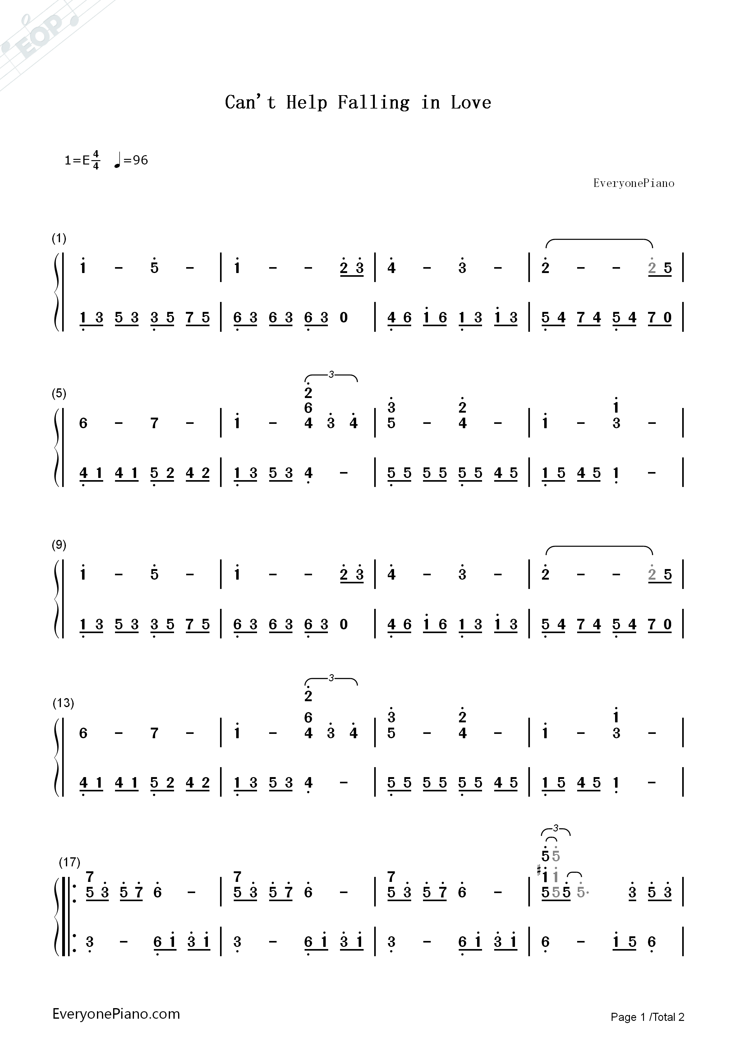 Can't_Help_Falling_in_Love钢琴简谱_Elvis_Presley演唱