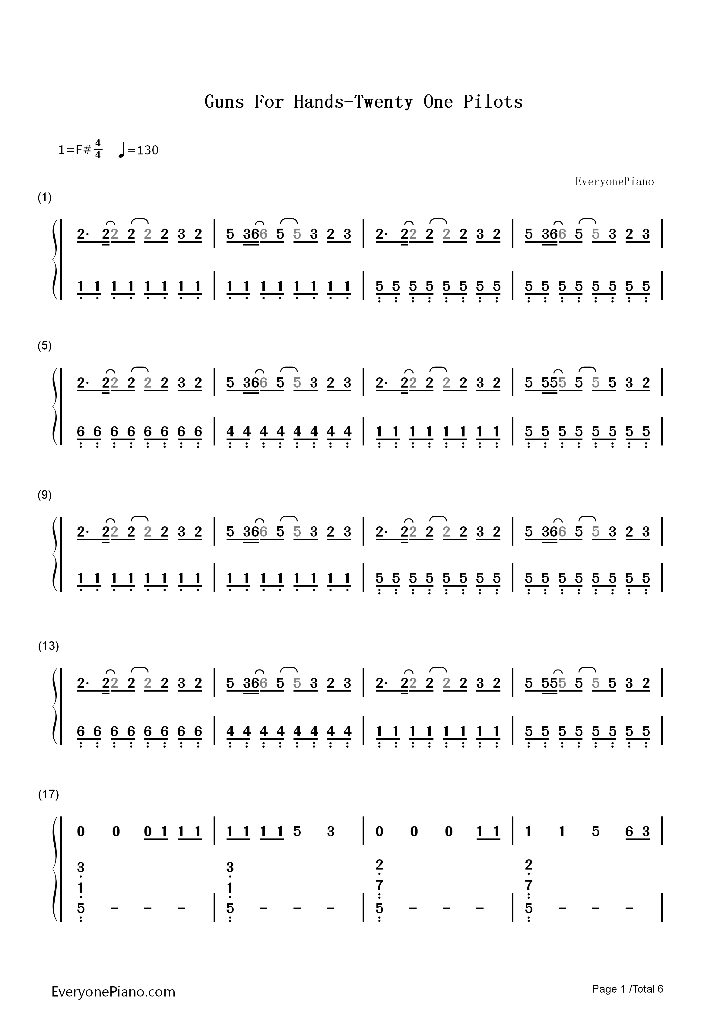 Guns_for_Hands钢琴简谱_Twenty_One_Pilots演唱