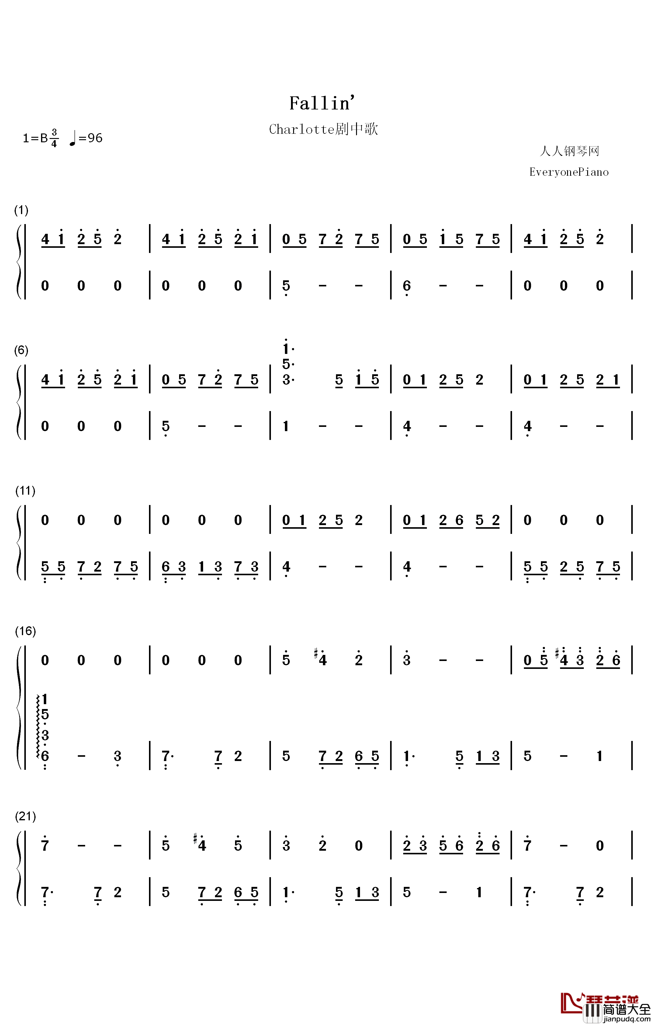 Fallin钢琴简谱_数字双手_marina