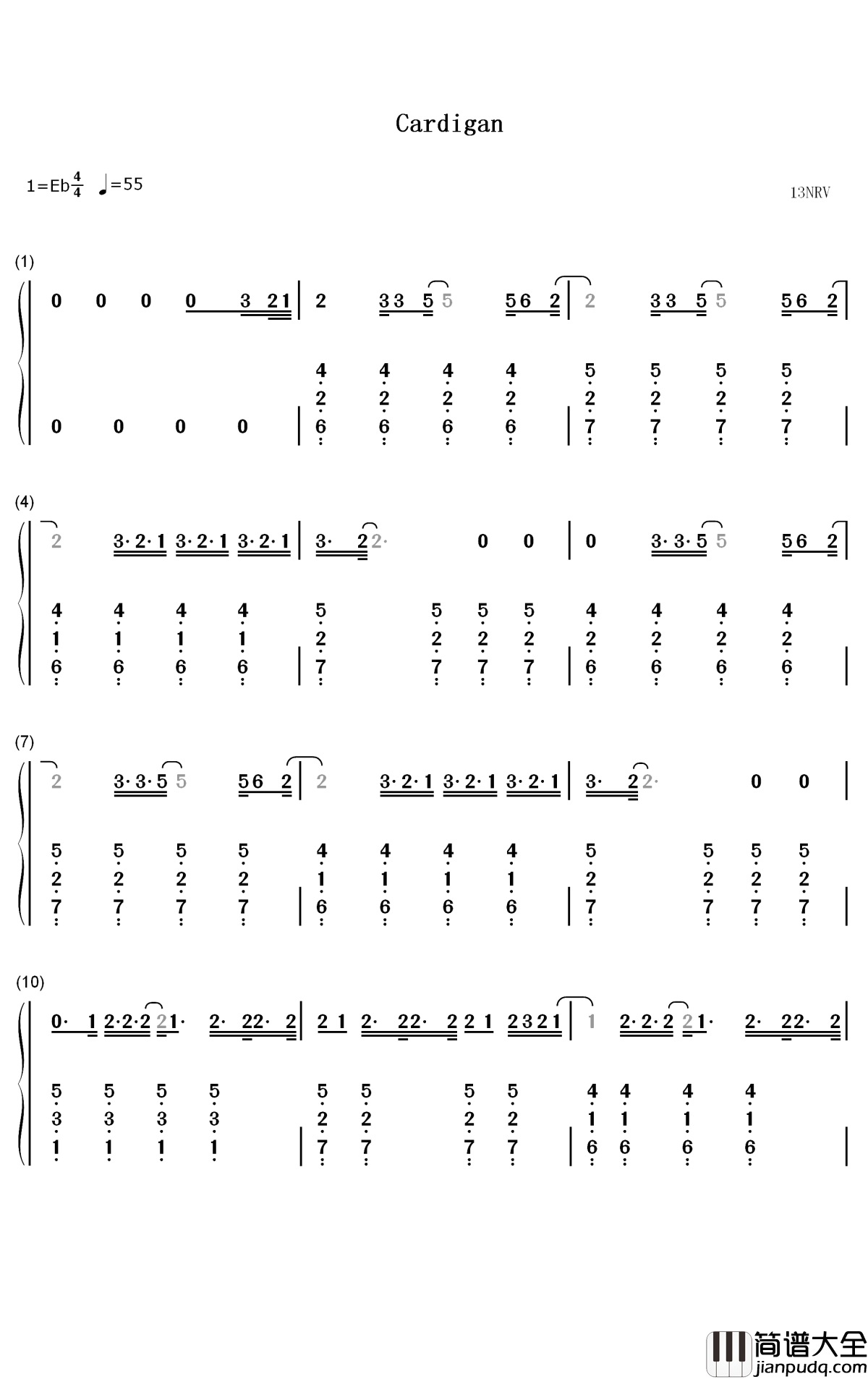 Cardigan钢琴简谱_数字双手_Taylor_Swift