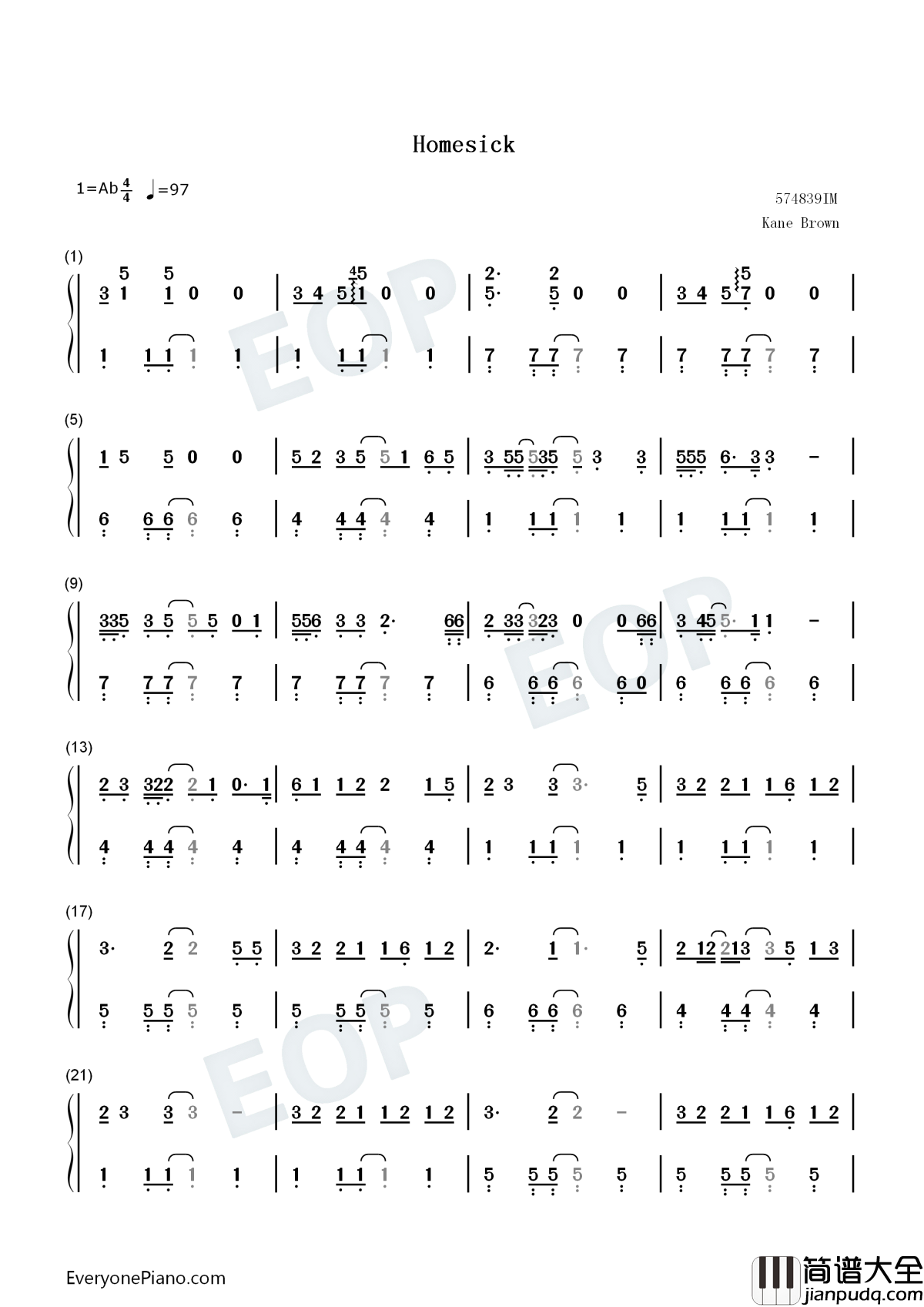 Homesick钢琴简谱_数字双手_Kane_Brown
