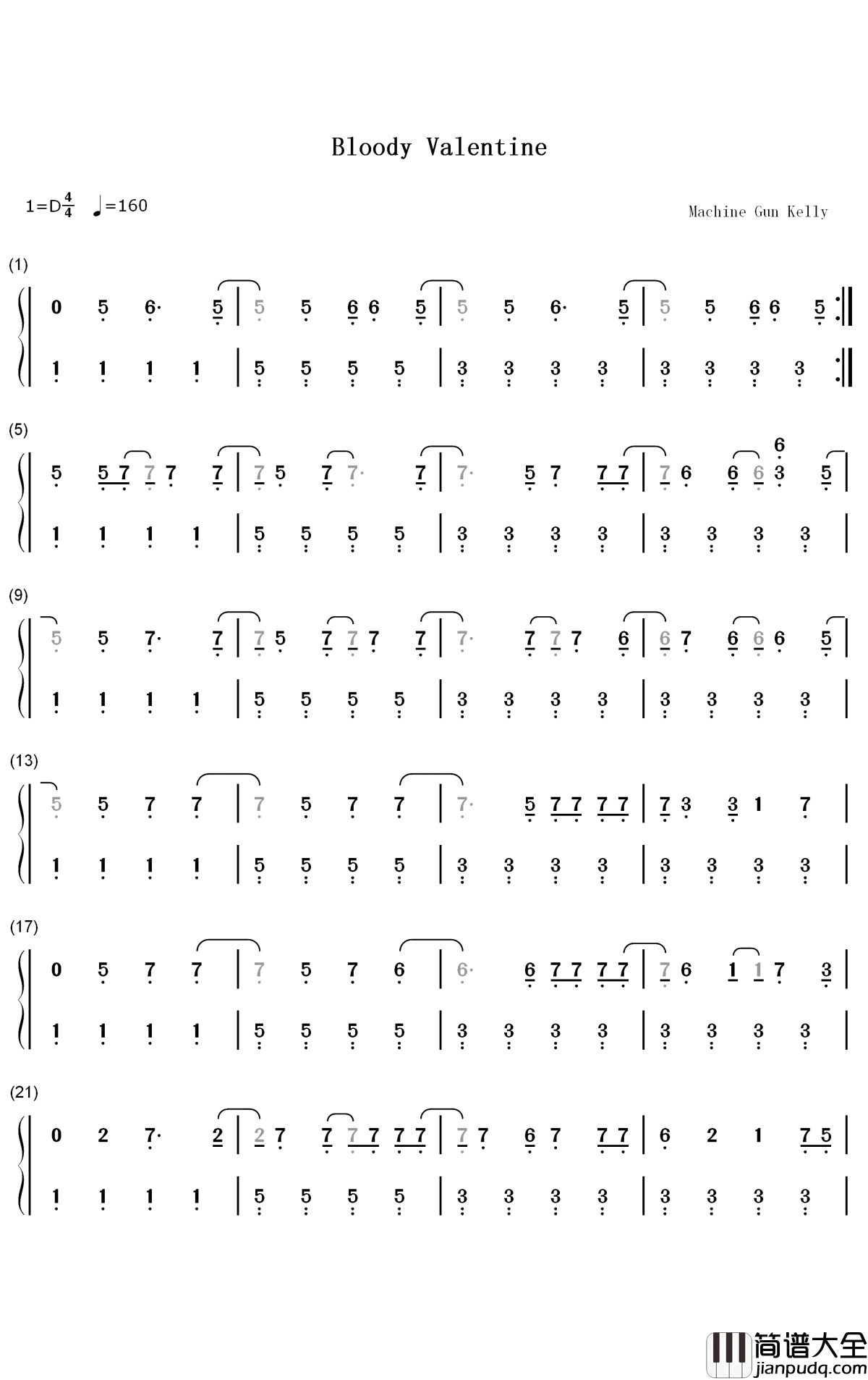 Bloody_Valentine钢琴简谱_数字双手_Machine_Gun_Kelly