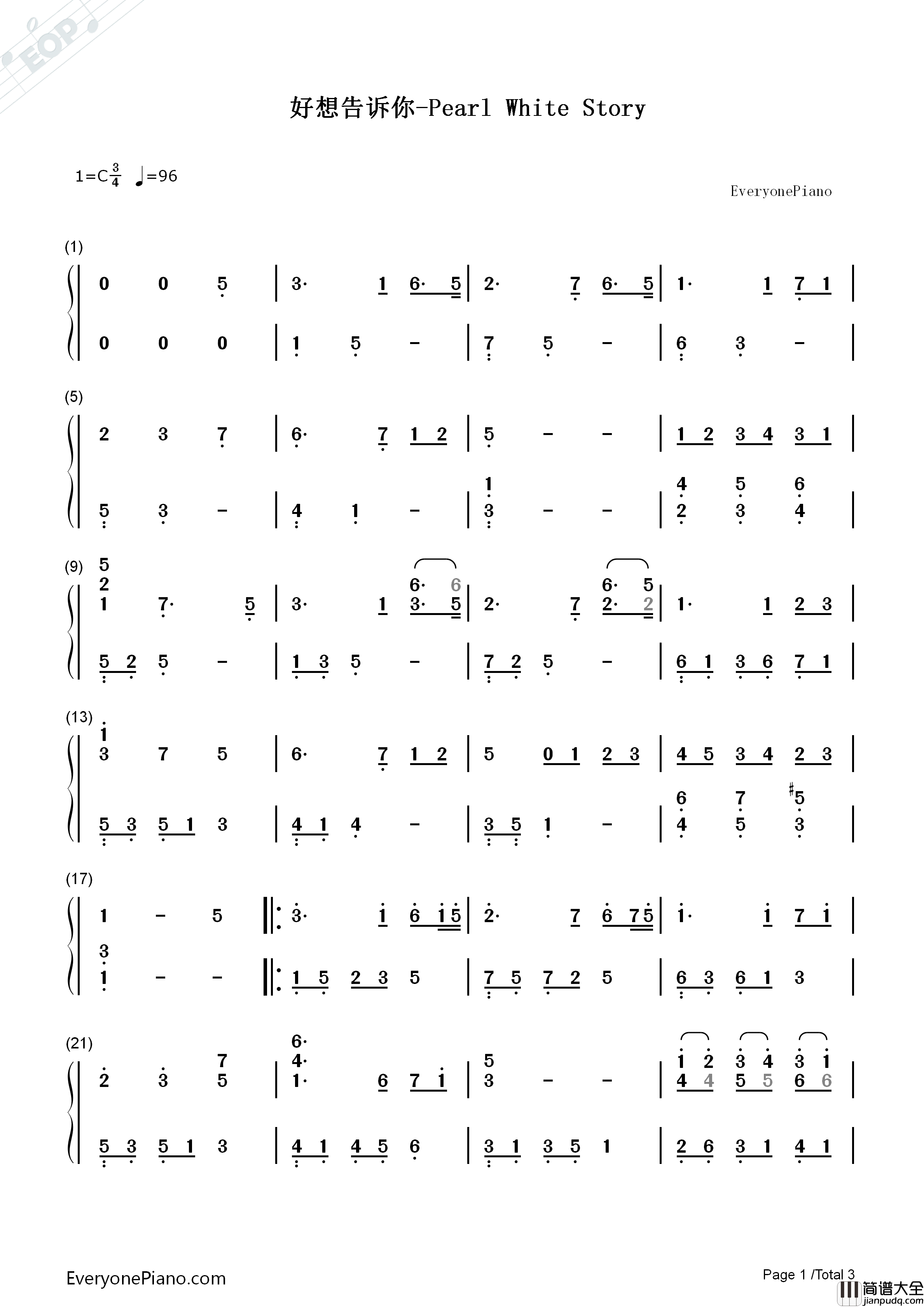 Pearl_White_Story钢琴简谱_S.E.N.S.演唱