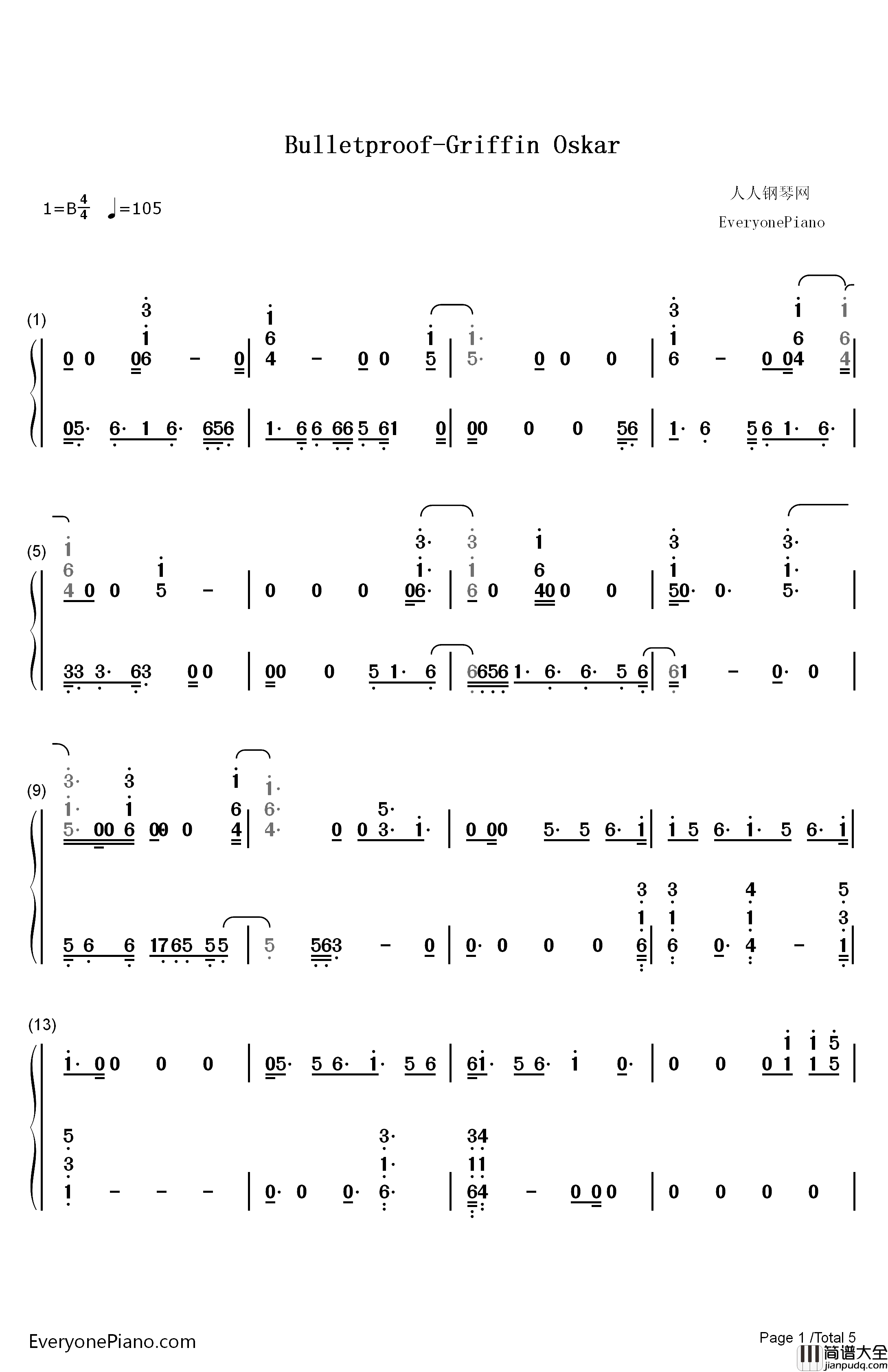 Bulletproof钢琴简谱_数字双手_Griffin_Oskar