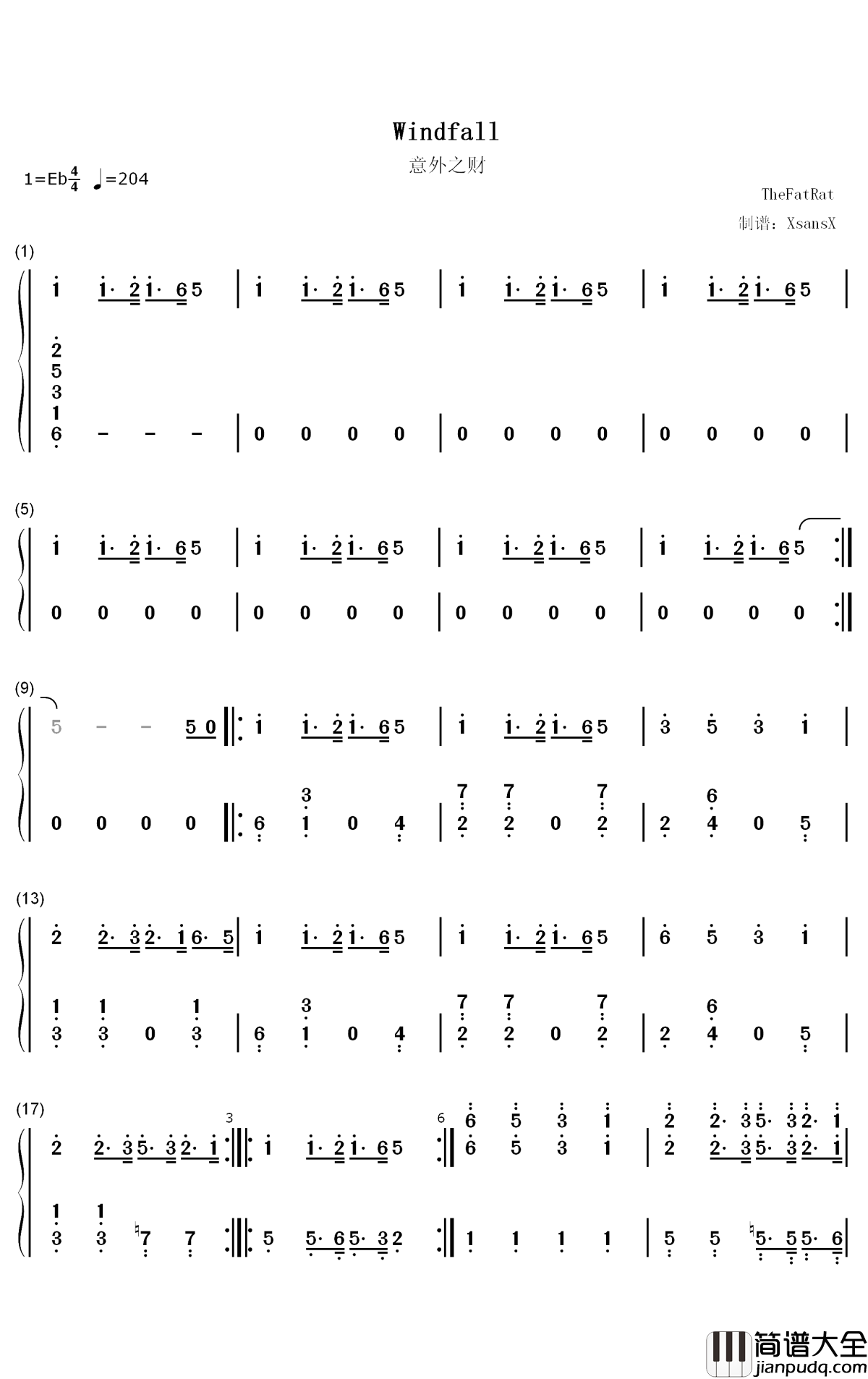 Windfall钢琴简谱_数字双手_TheFatRat