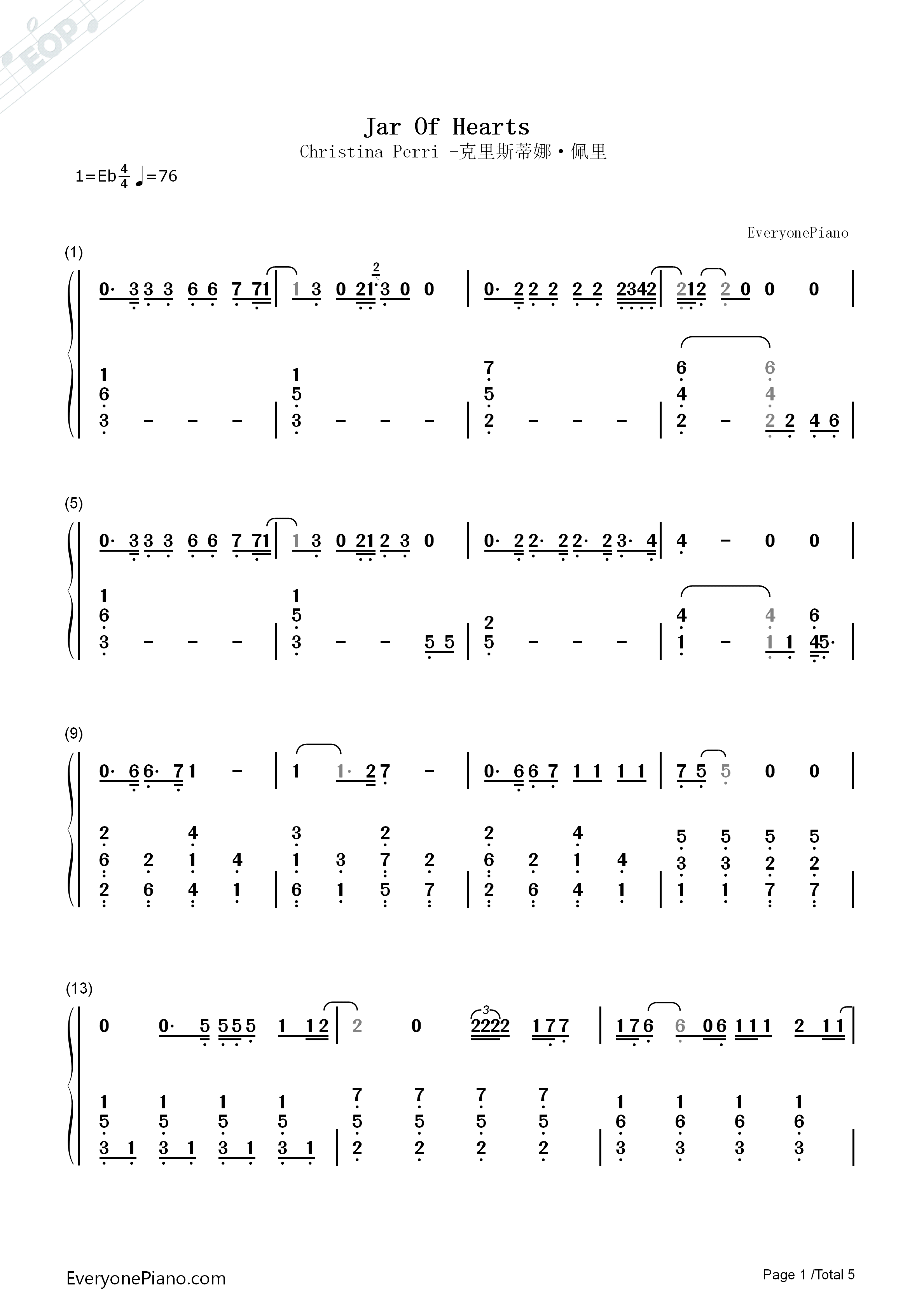 Jar_of_Hearts钢琴简谱_Christina_Perri演唱