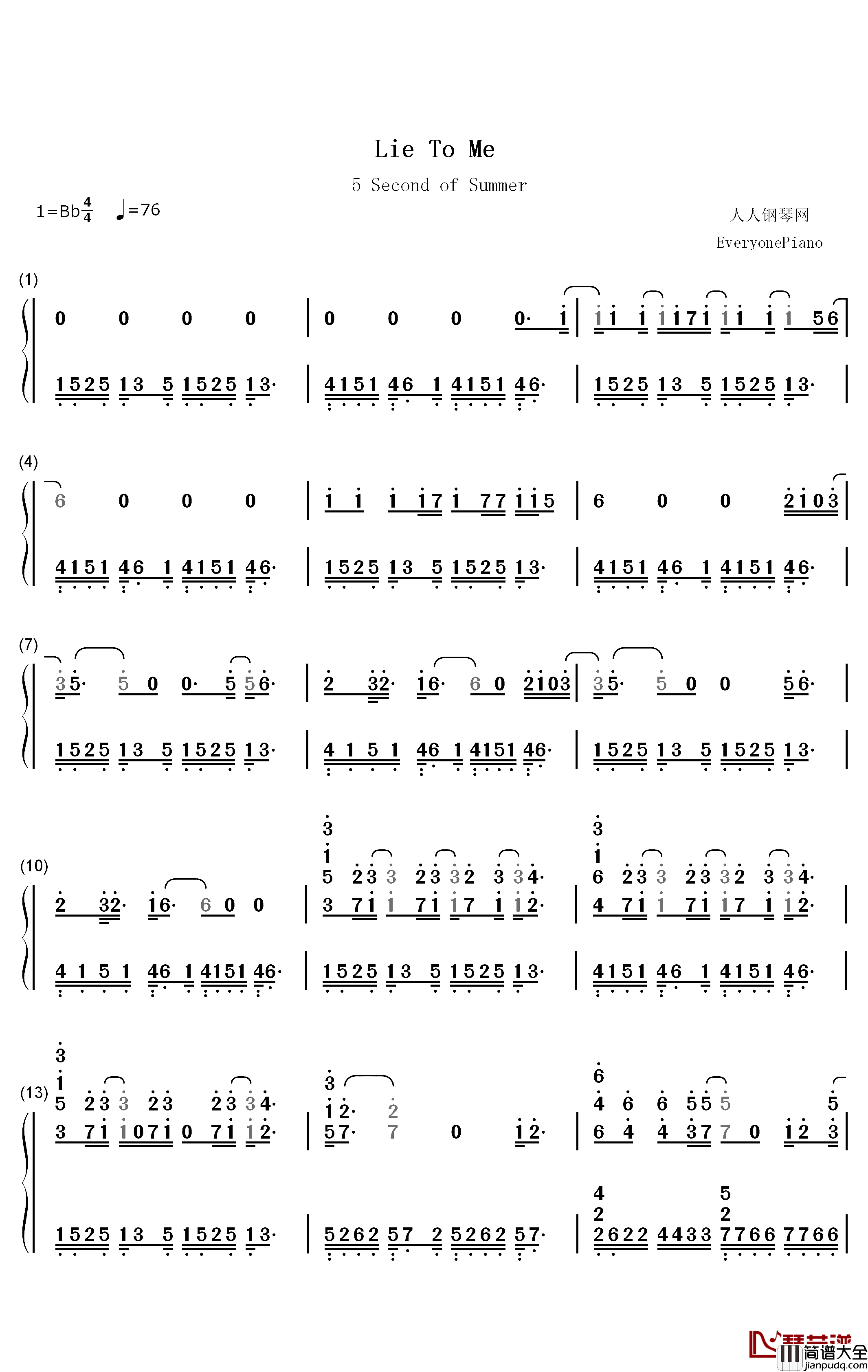 Lie_to_Me钢琴简谱_数字双手_5_Seconds_of_Summer