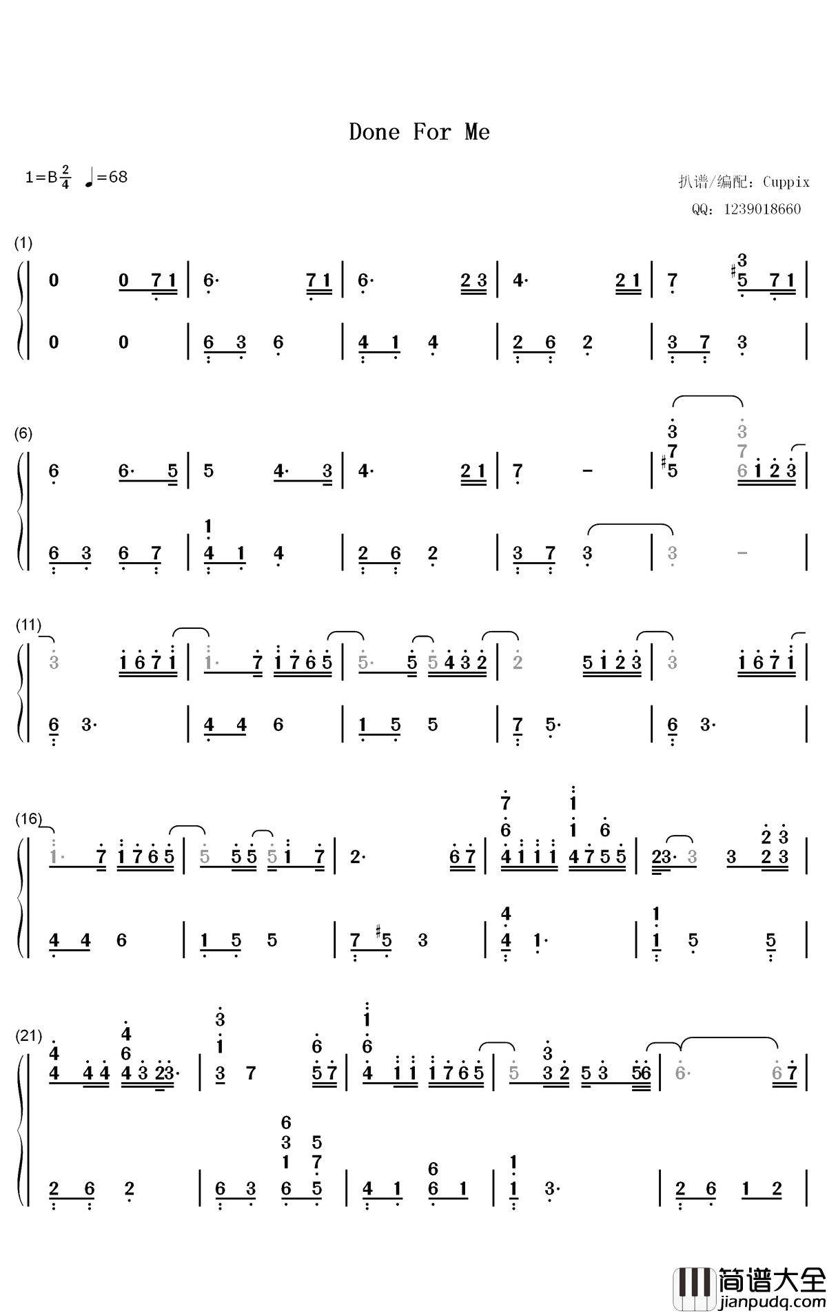 Done_For_Me钢琴简谱_数字双手_Punch