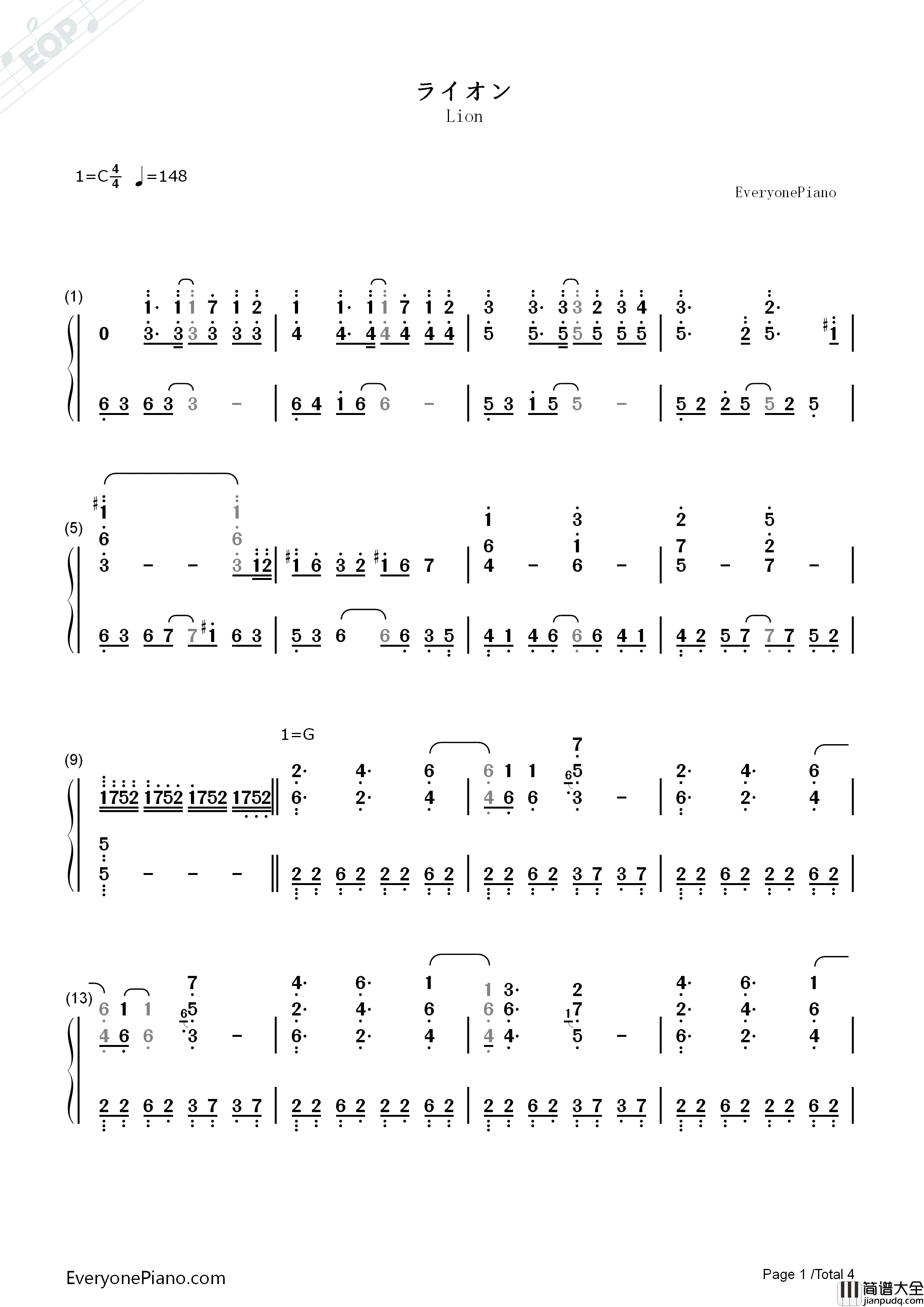 ライオン钢琴简谱_May'n_&_中岛_爱演唱