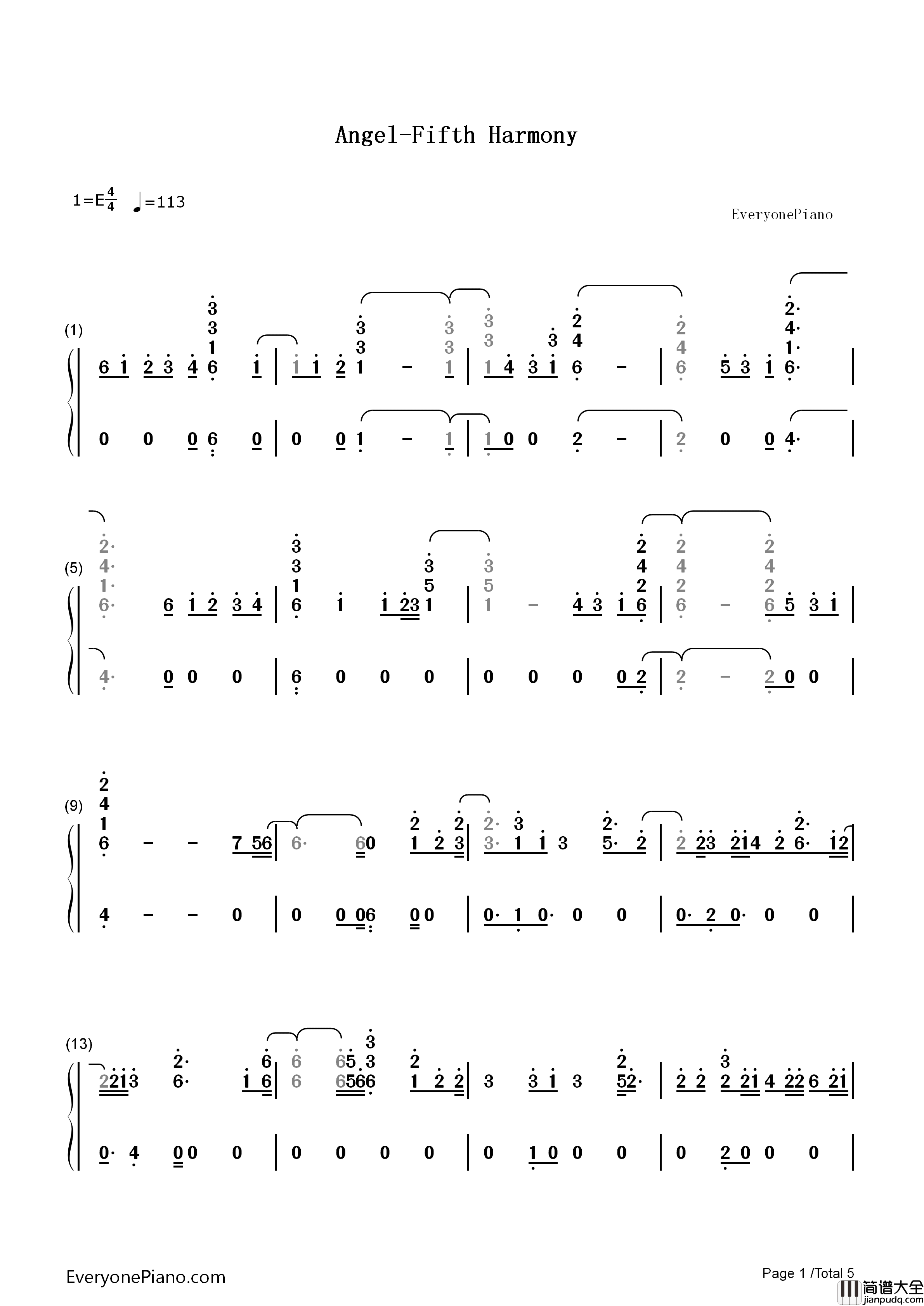 Angel钢琴简谱_Fifth_Harmony演唱