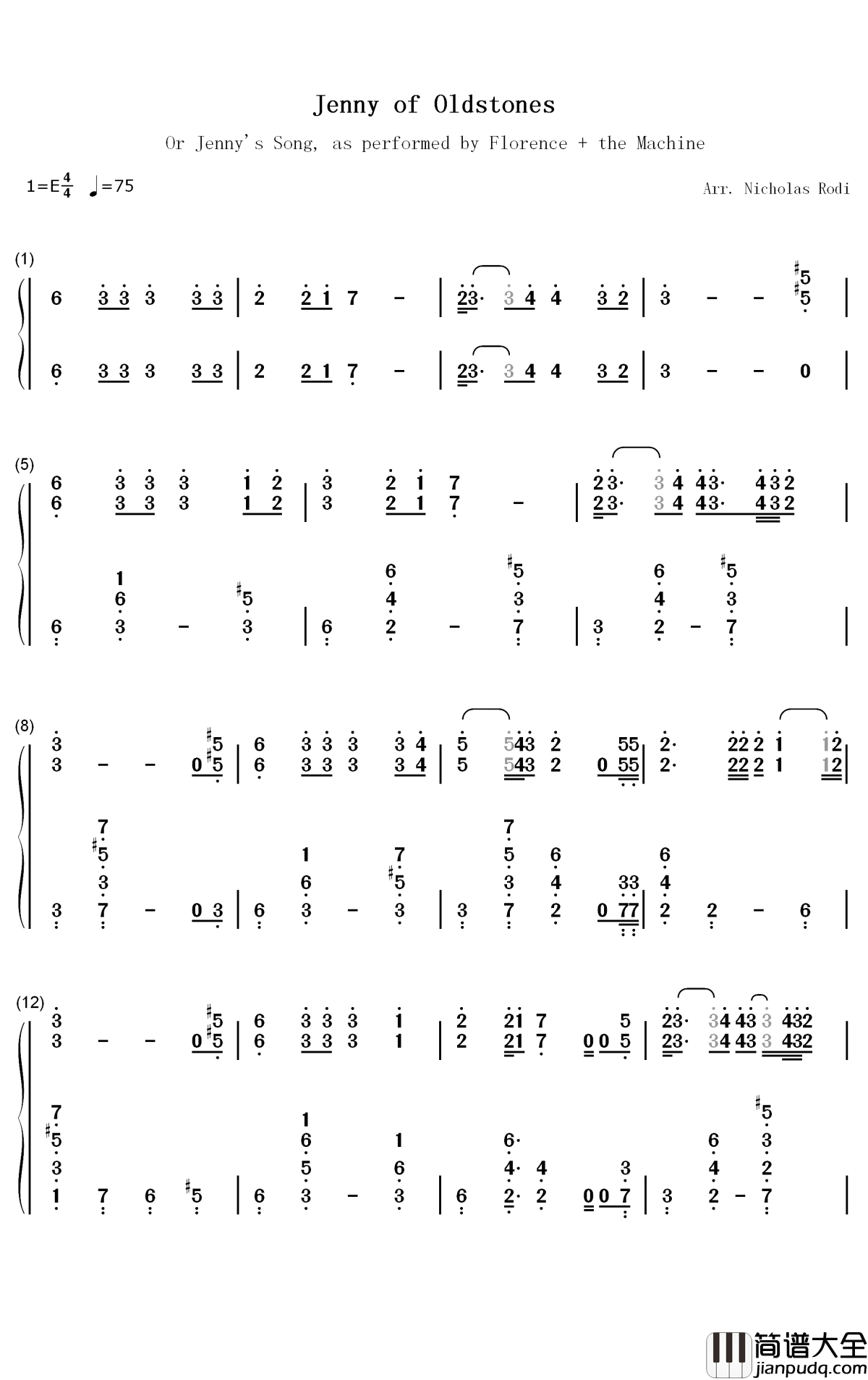 Jenny_Of_Oldstones钢琴简谱_Florence_and_the_Machine歌曲_数字双曲谱