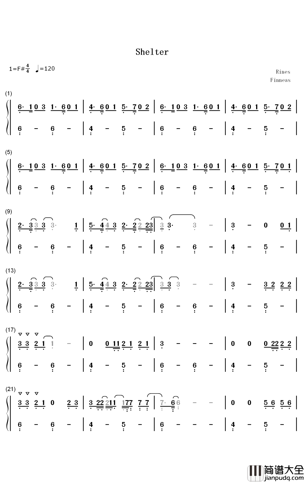Shelter钢琴简谱_数字双手_Finneas
