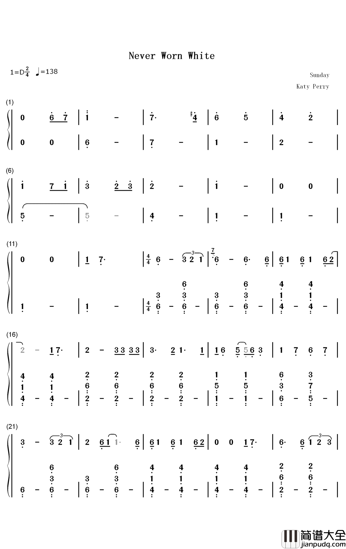 Never_Worn_White钢琴简谱_Katy_Perry歌曲_数字双手曲谱