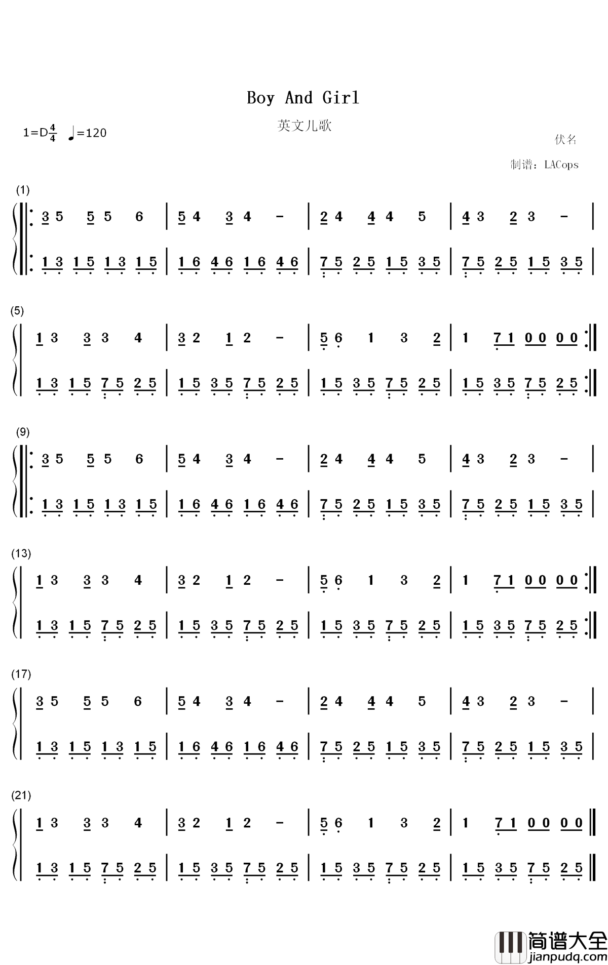 Boy_And_Girl钢琴简谱_英文儿歌歌曲_数字双手曲谱