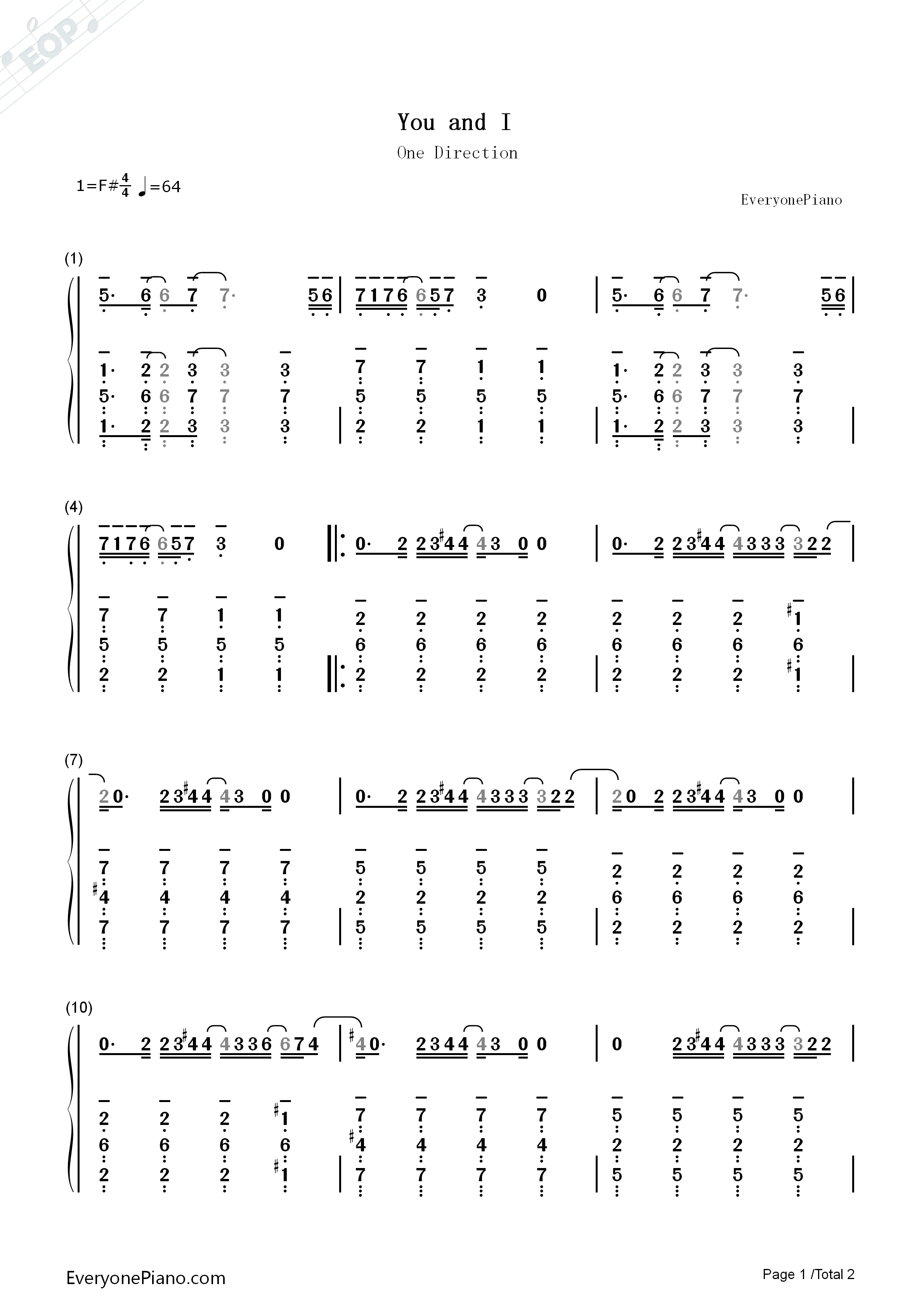You_and_I钢琴简谱_One_Direction演唱