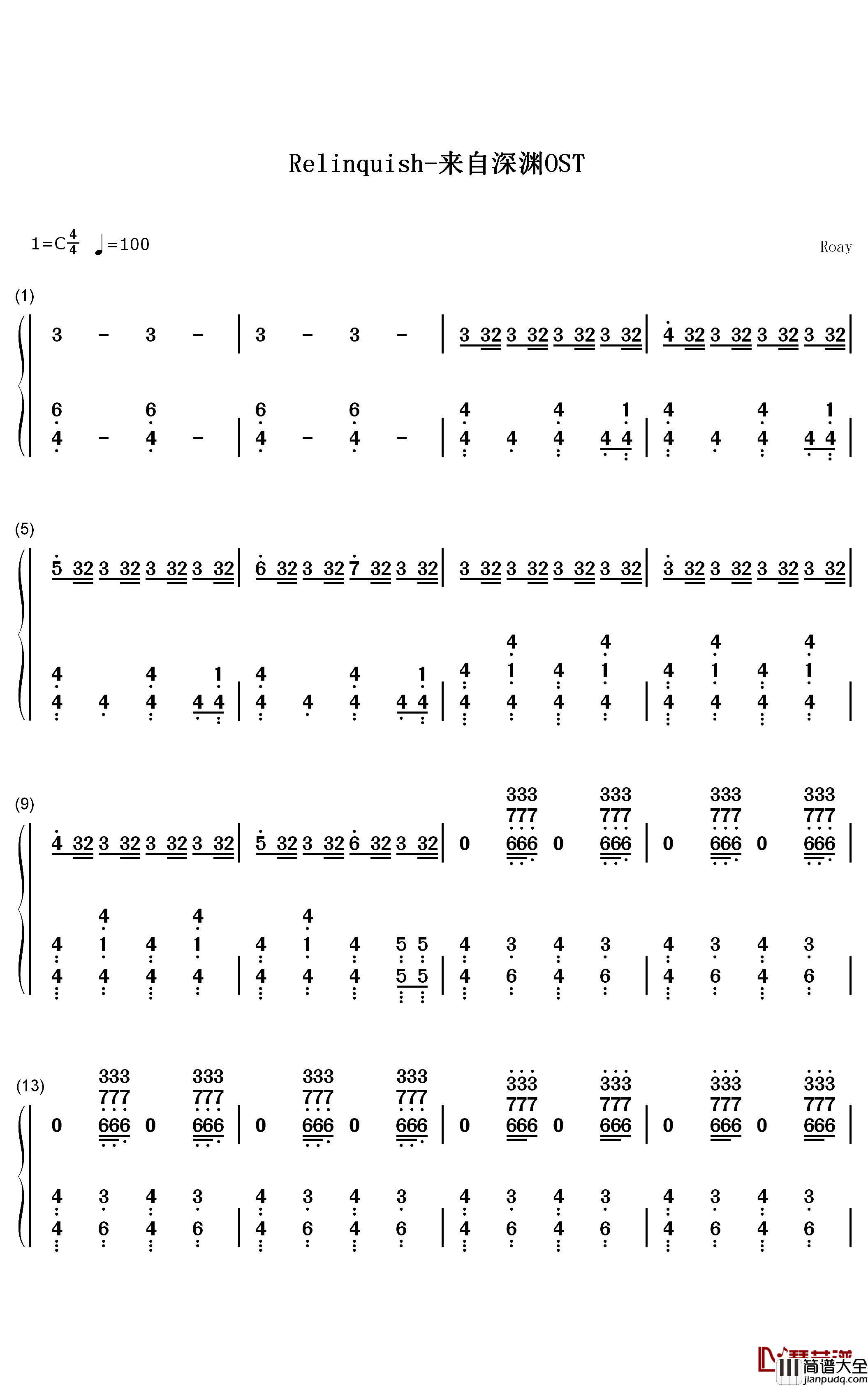 Relinquish钢琴简谱_数字双手_Kevin_Penkin