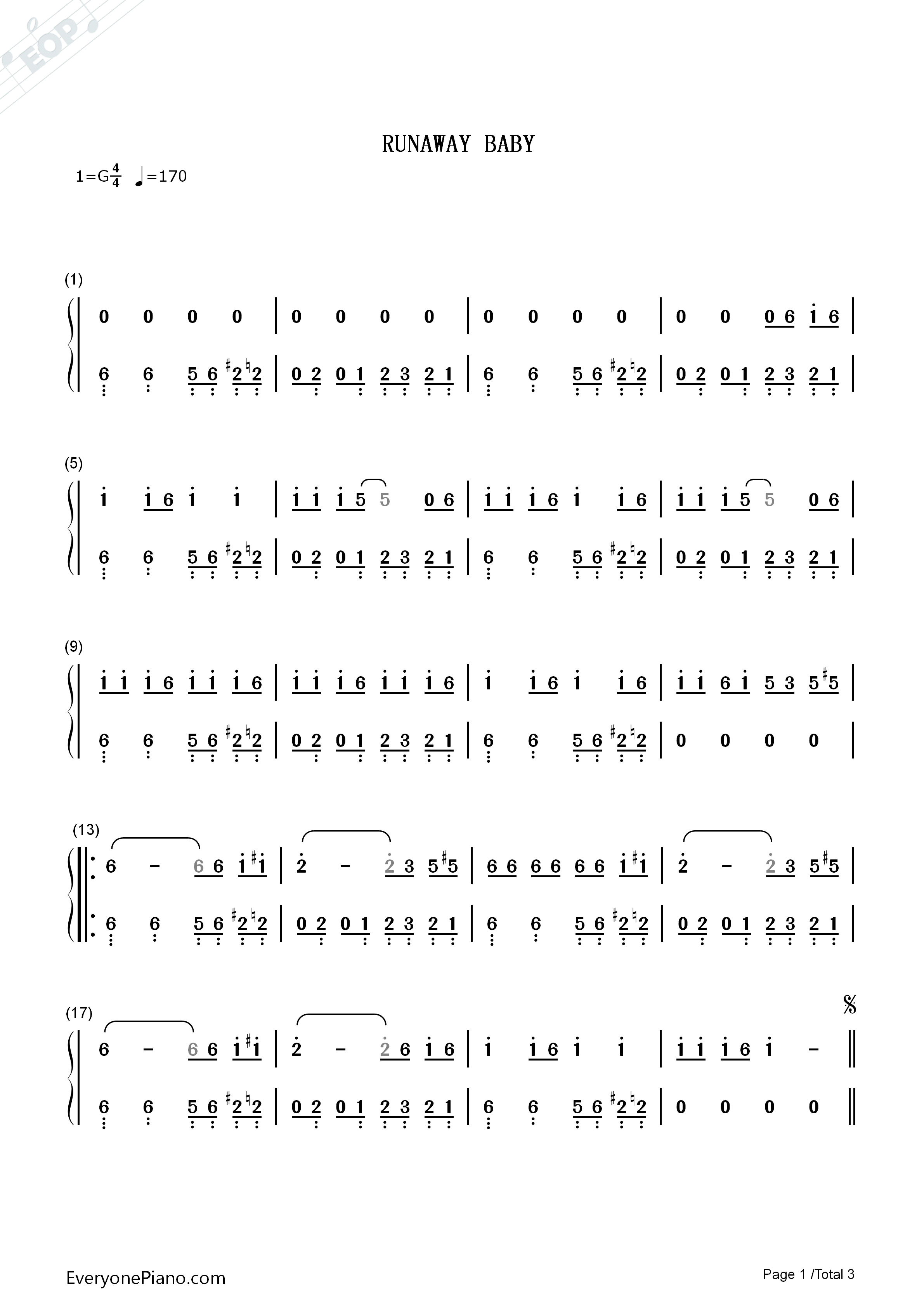 Runaway_Baby_钢琴简谱_Bruno_Mars演唱