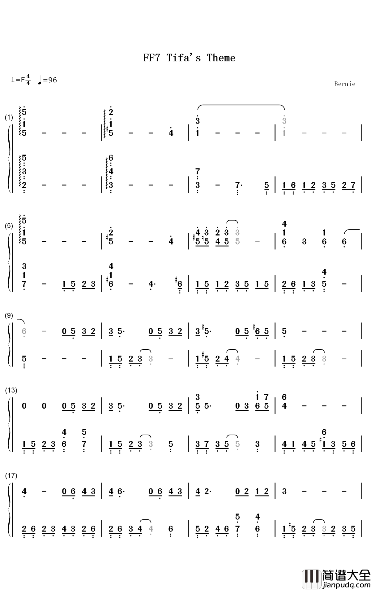 最终幻想VII_Tifa主题曲钢琴简谱_数字双手_植松伸夫
