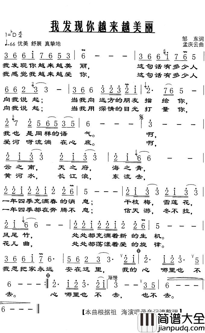 我发现你越来越美丽简谱(歌词)_祖海演唱_Z.E.Z曲谱