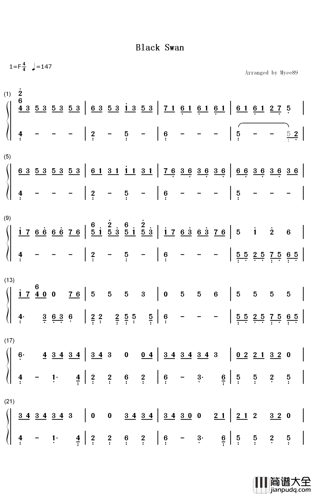 Black_Swan钢琴简谱_数字双手_防弹少年团