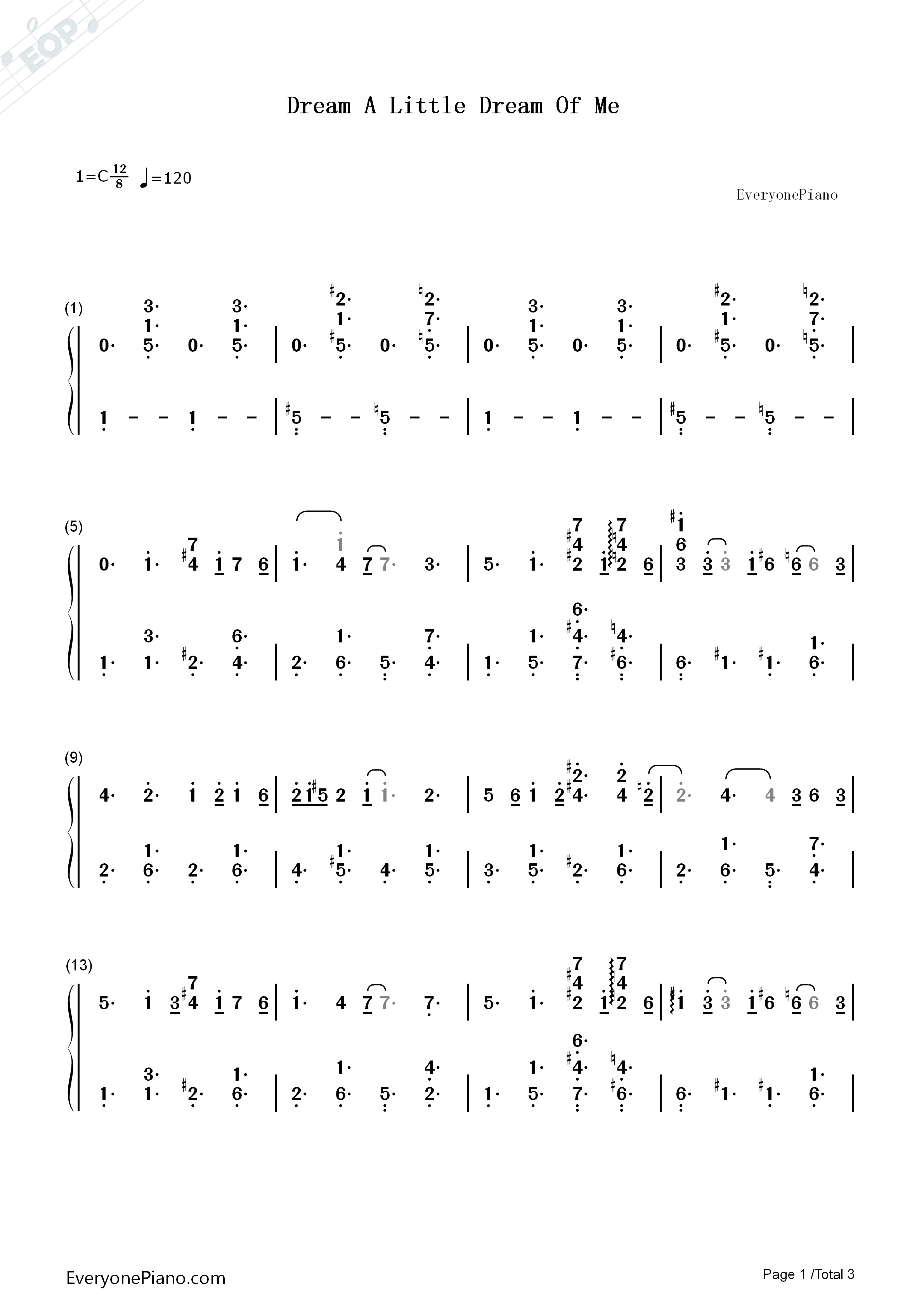 Dream_A_Little_Dream_Of_Me钢琴简谱_Yiruma 李闰珉演唱