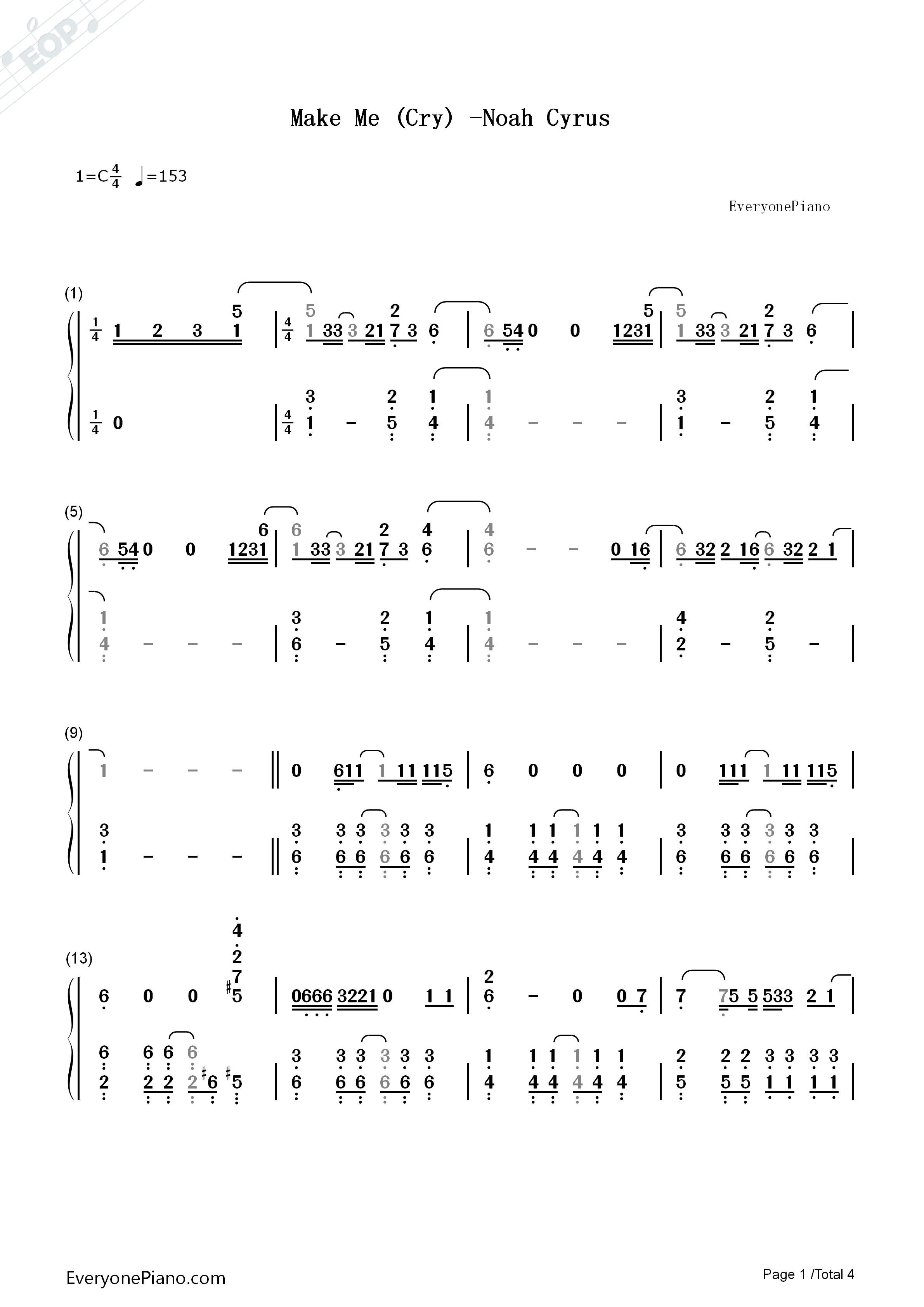Make_Me_(Cry)钢琴简谱_Noah_Cyrus演唱