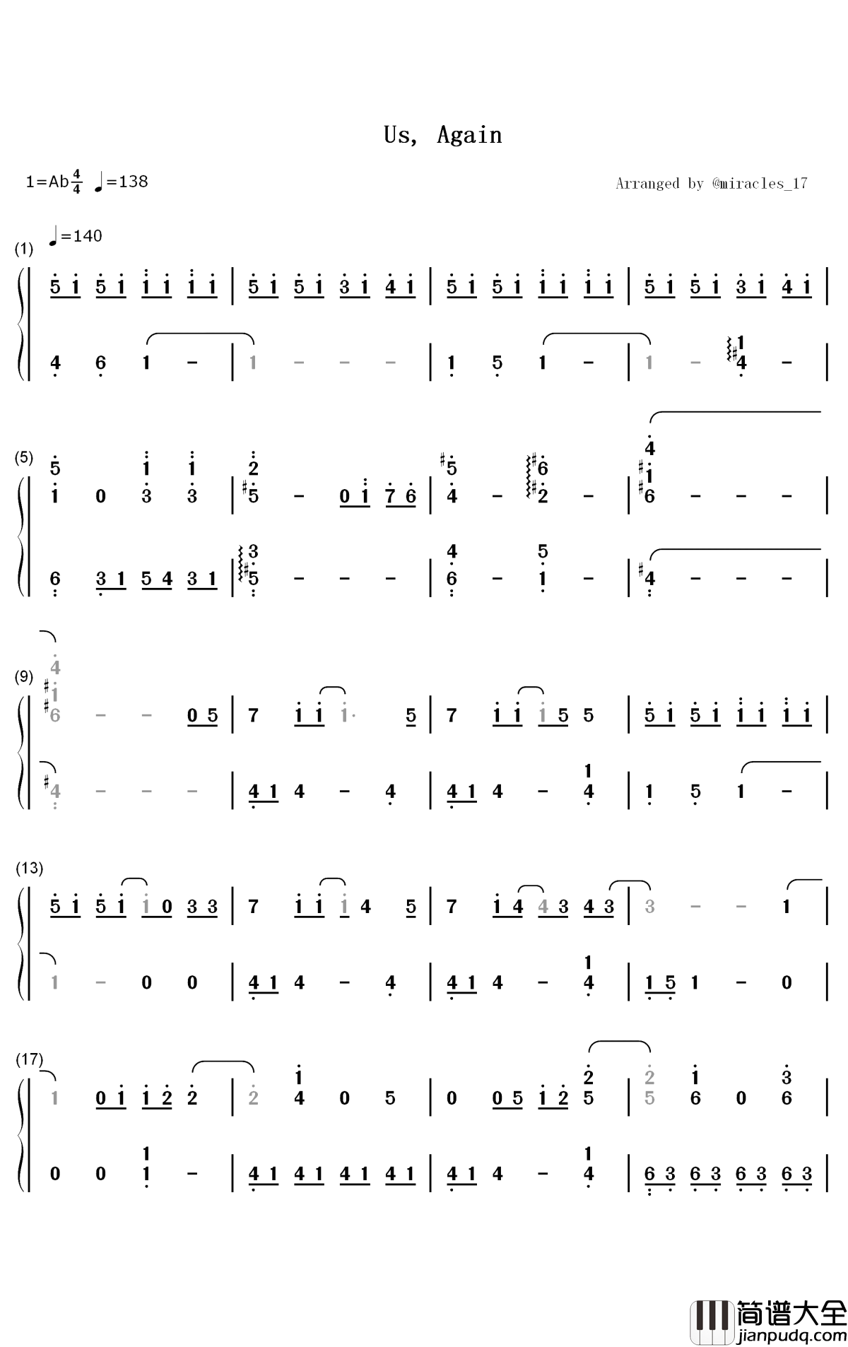 Us_Again钢琴简谱_数字双手_Seventeen