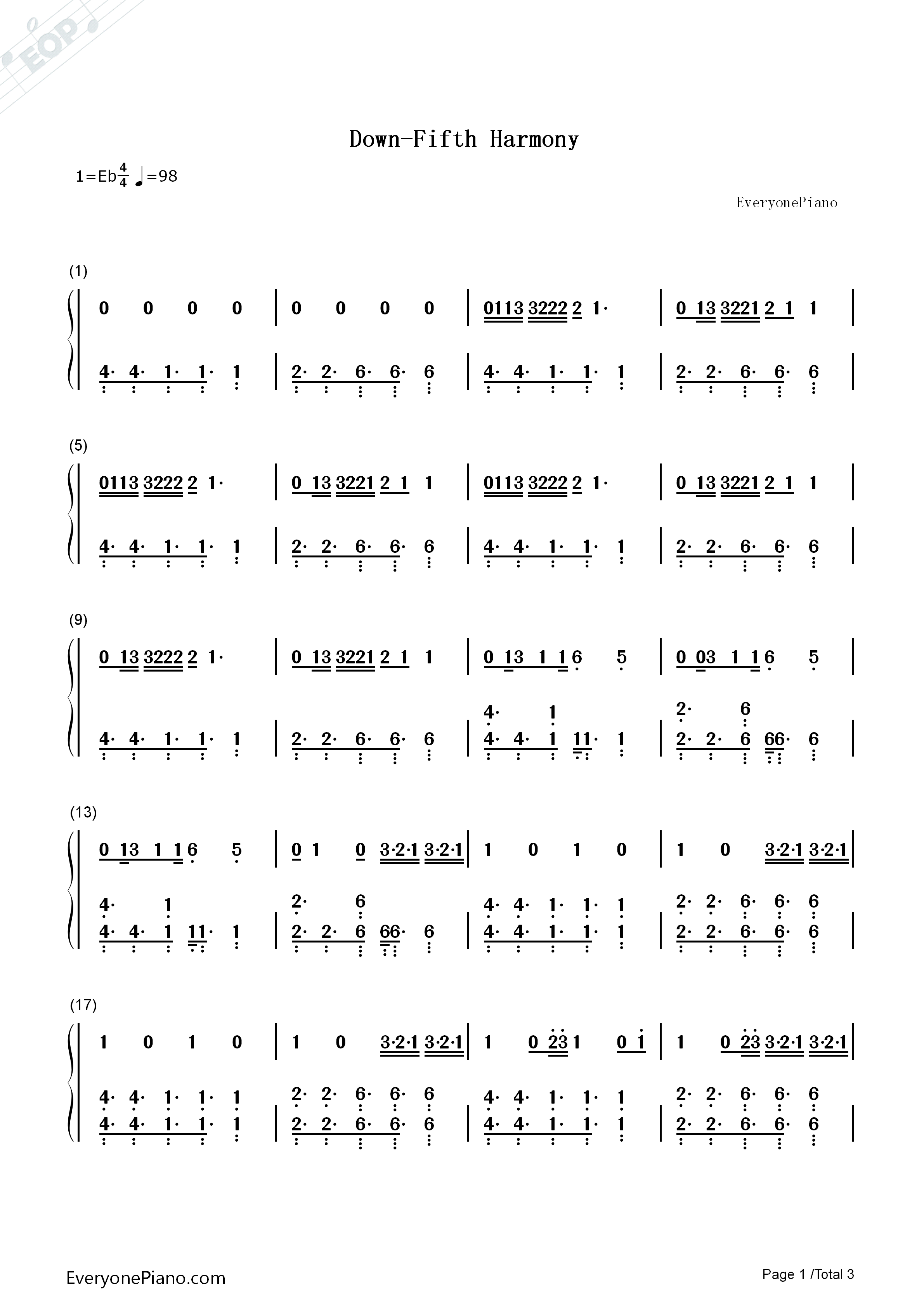 Down钢琴简谱_Fifth_Harmony演唱