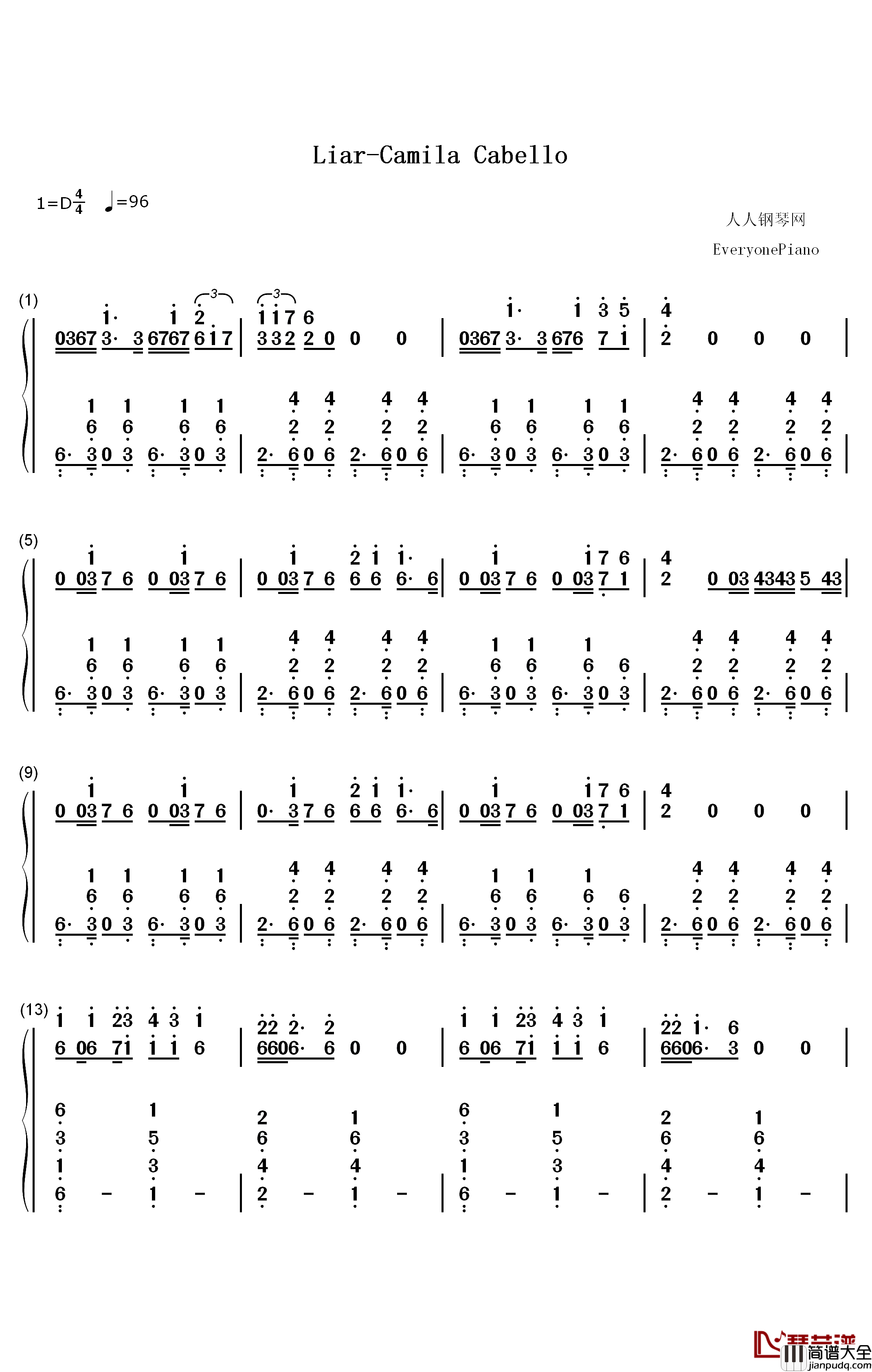 Liar钢琴简谱_数字双手_Camila_Cabello