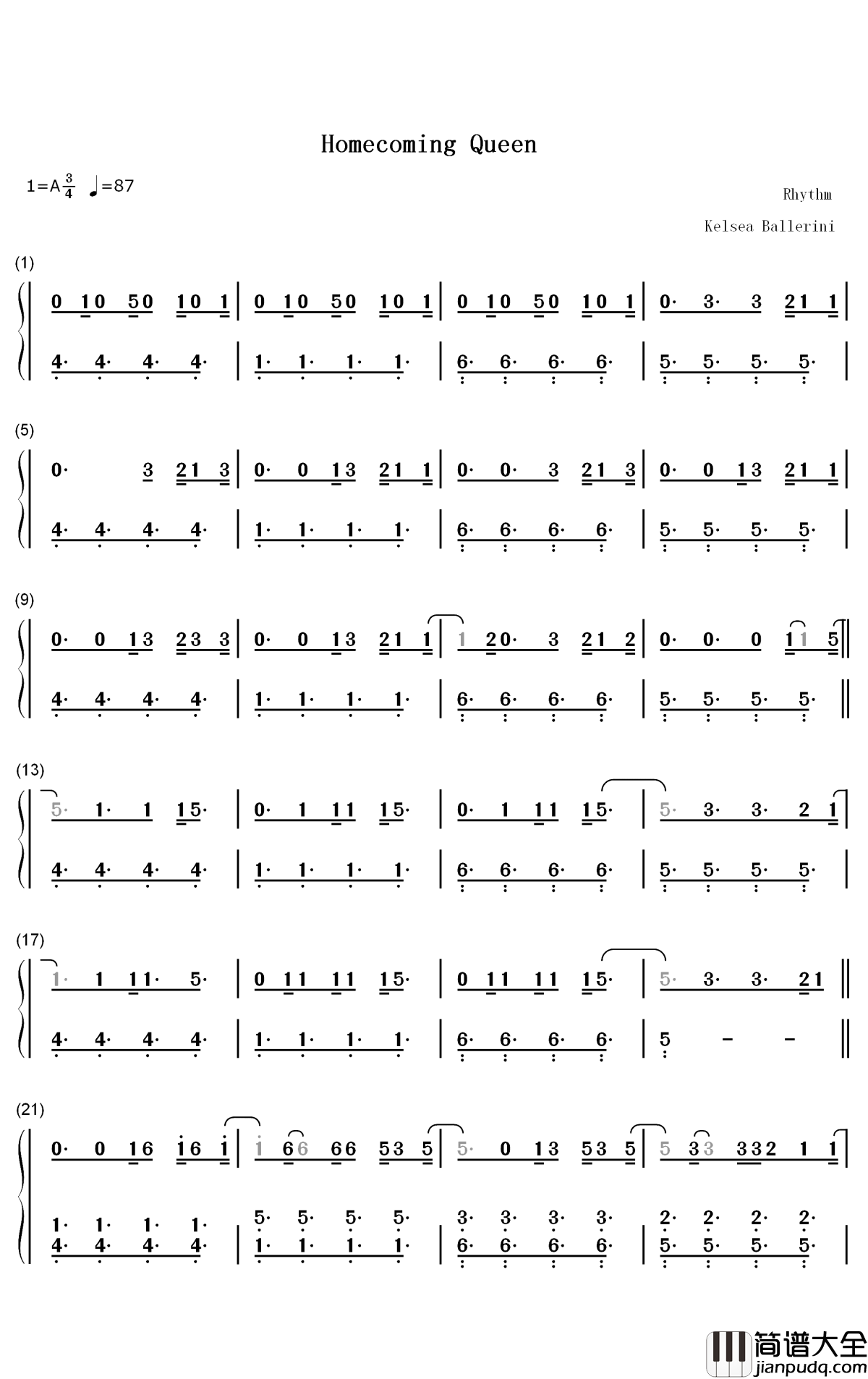 Homecoming_Queen钢琴简谱_数字双手_Kelsea_Ballerini