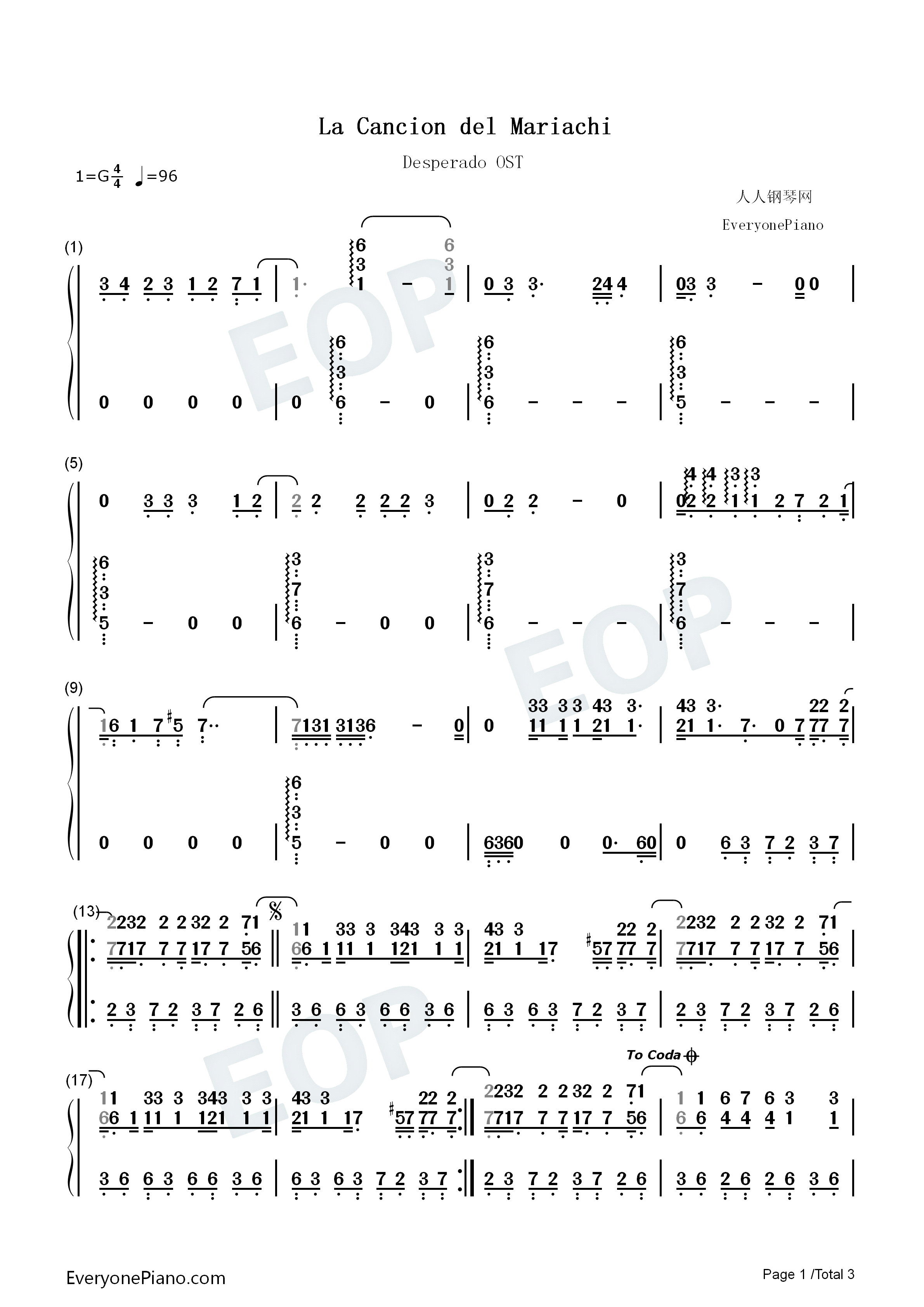 Cancion_Del_Mariachi钢琴简谱_Los_Lobos_&_Antonio_Banderas演唱