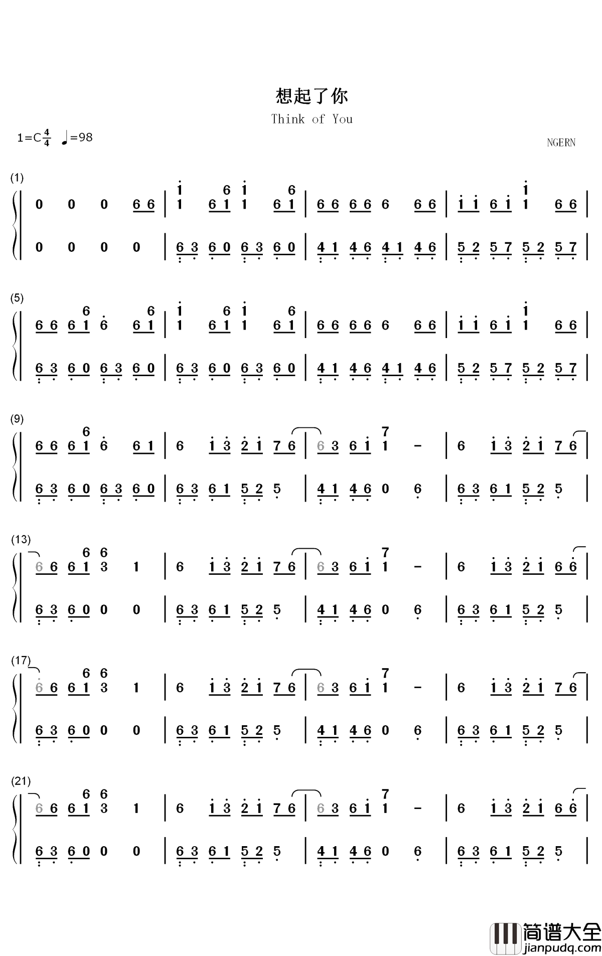 想起了你钢琴简谱_数字双手_程响