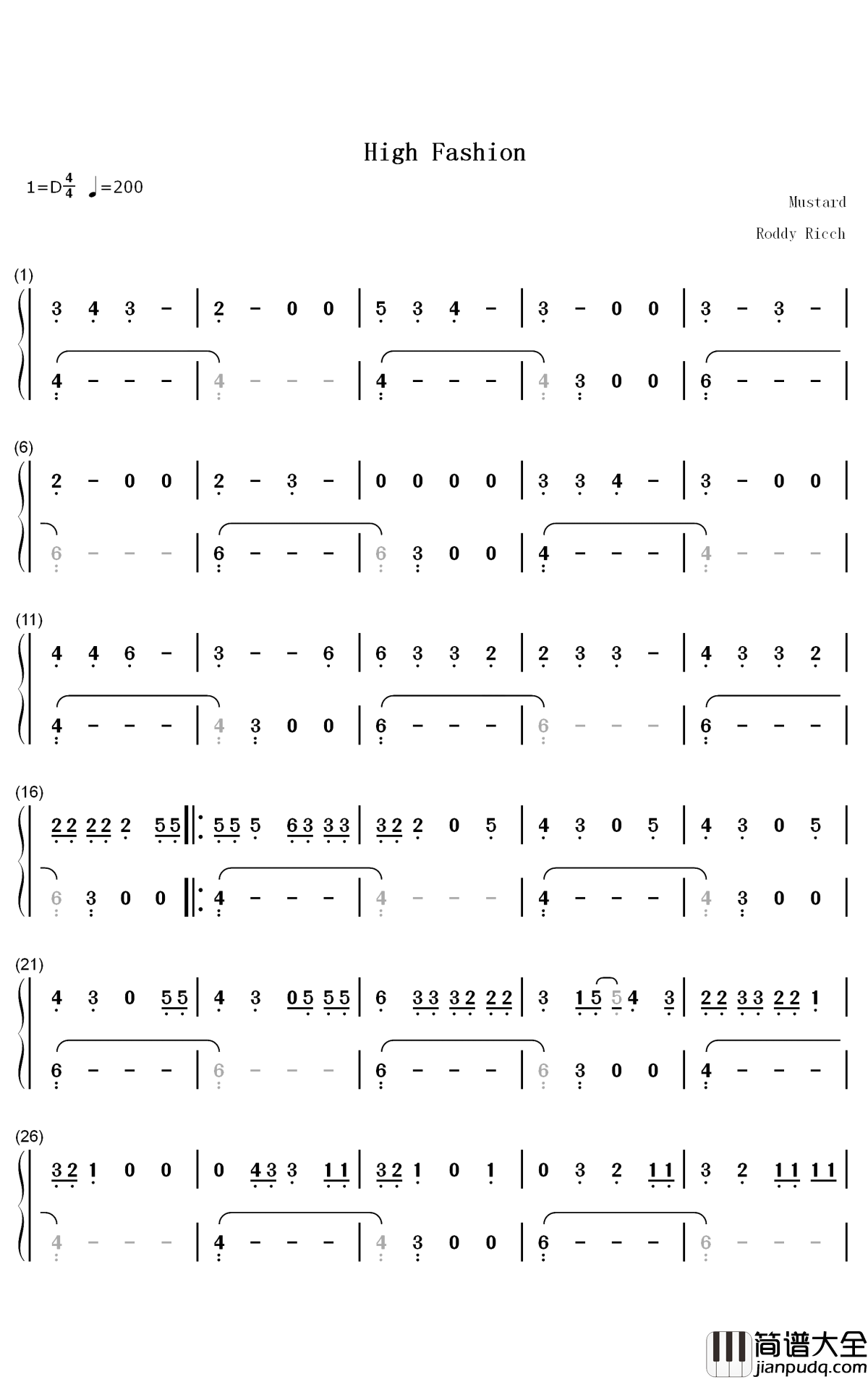 High_Fashion钢琴简谱_数字双手_Roddy_Ricch_Mustard