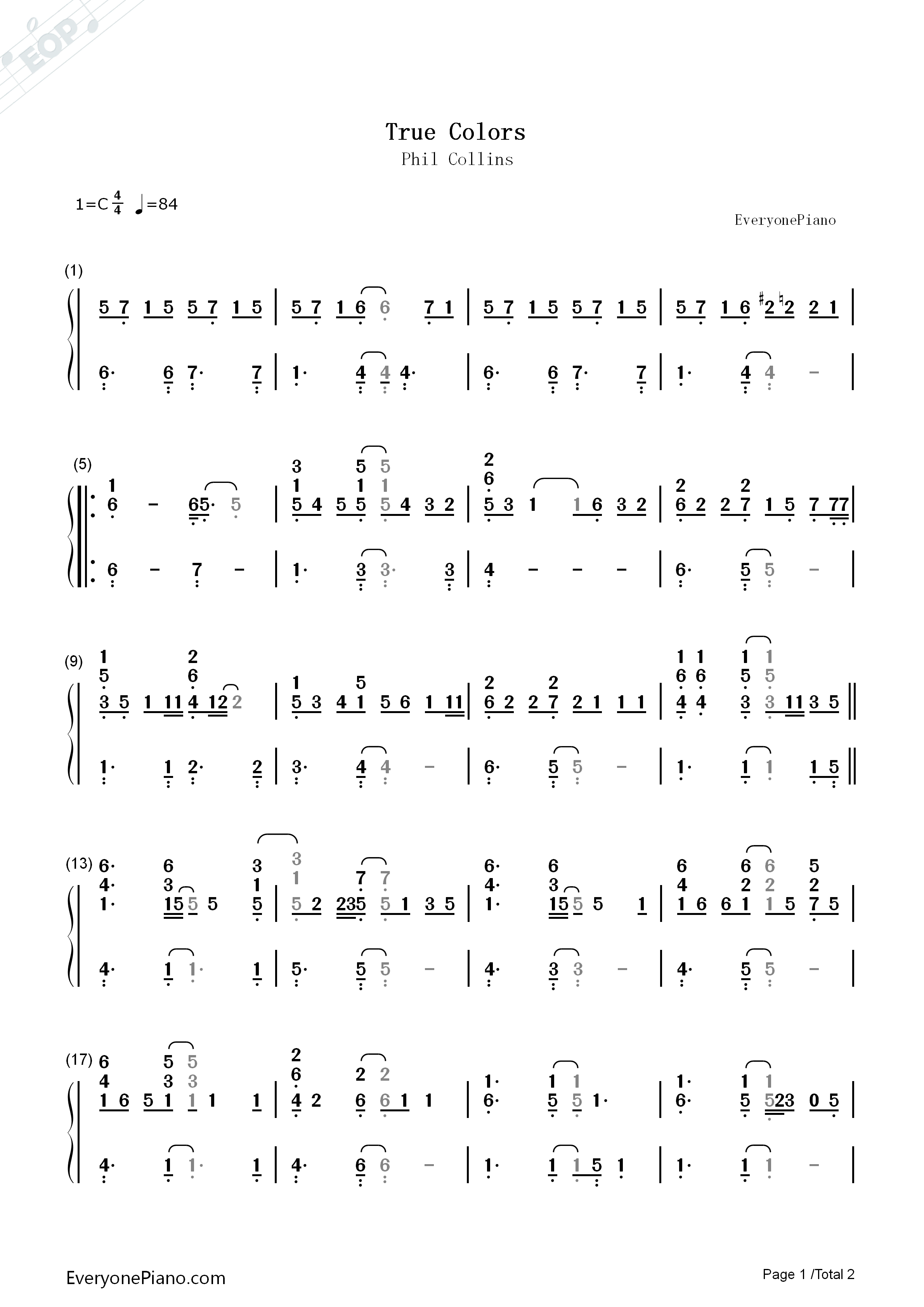 True_Colors钢琴简谱_Phil_Collins演唱