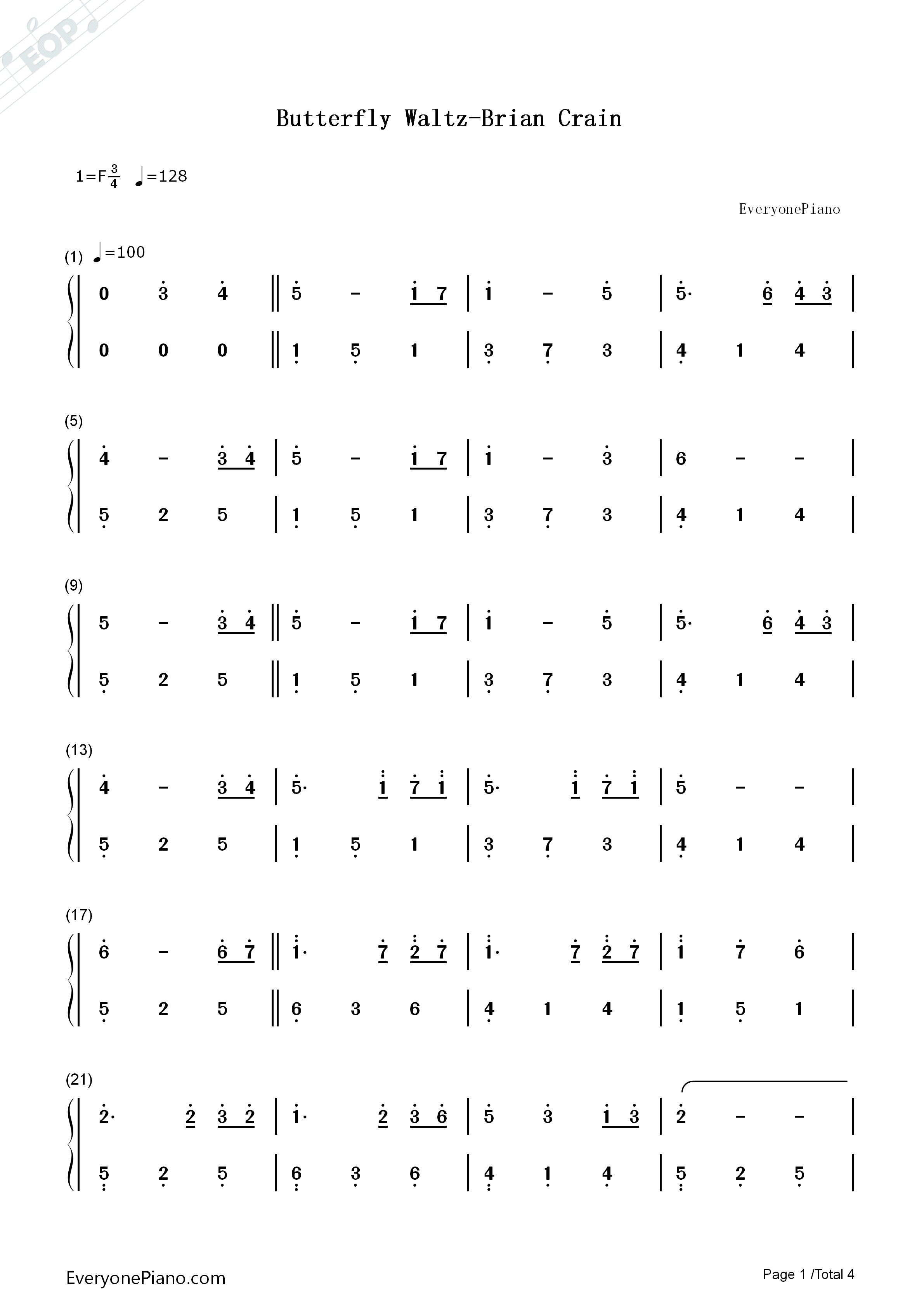 Butterfly_Waltz钢琴简谱_Brian_Crain演唱