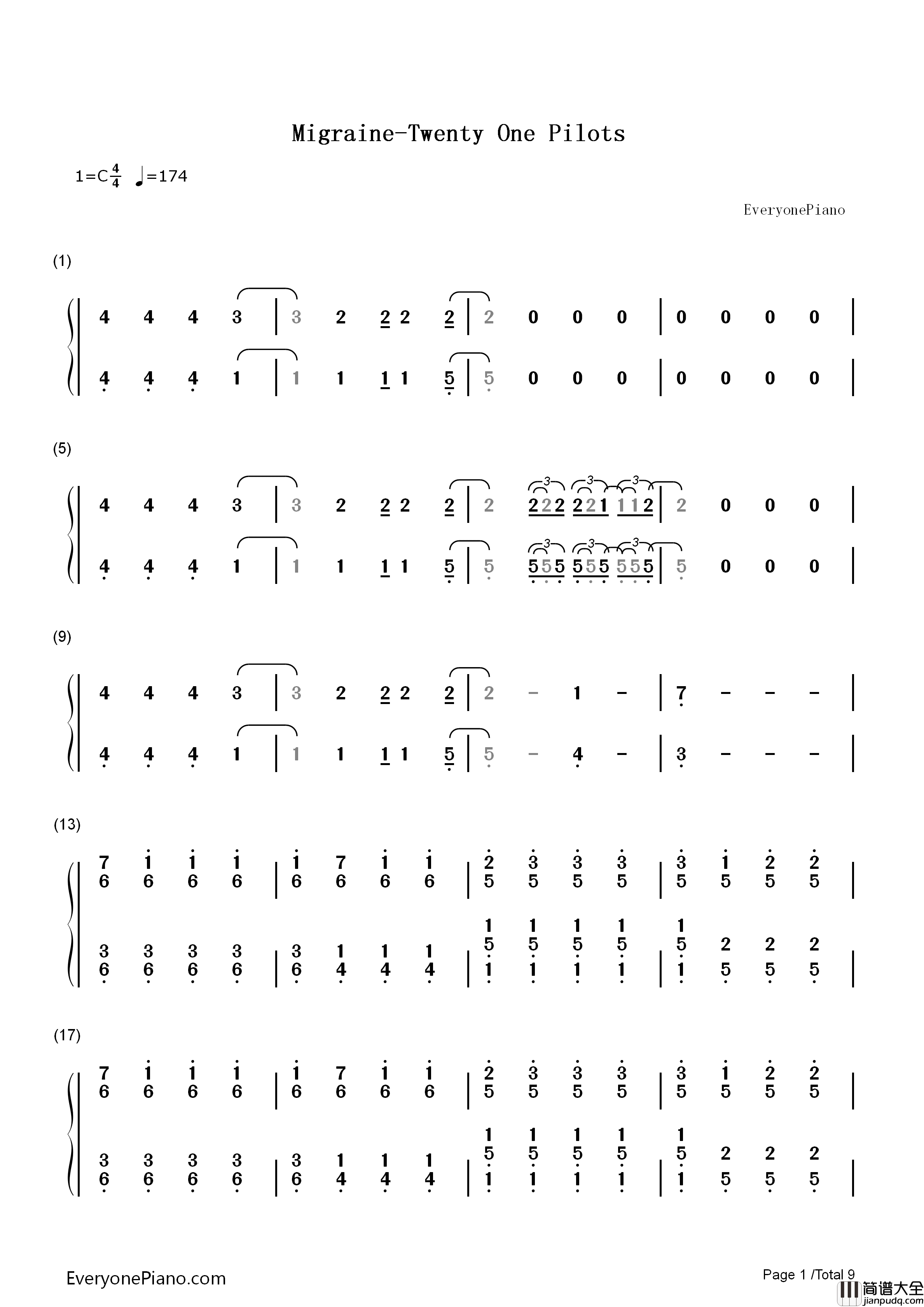 Migraine钢琴简谱_Twenty_One_Pilots演唱