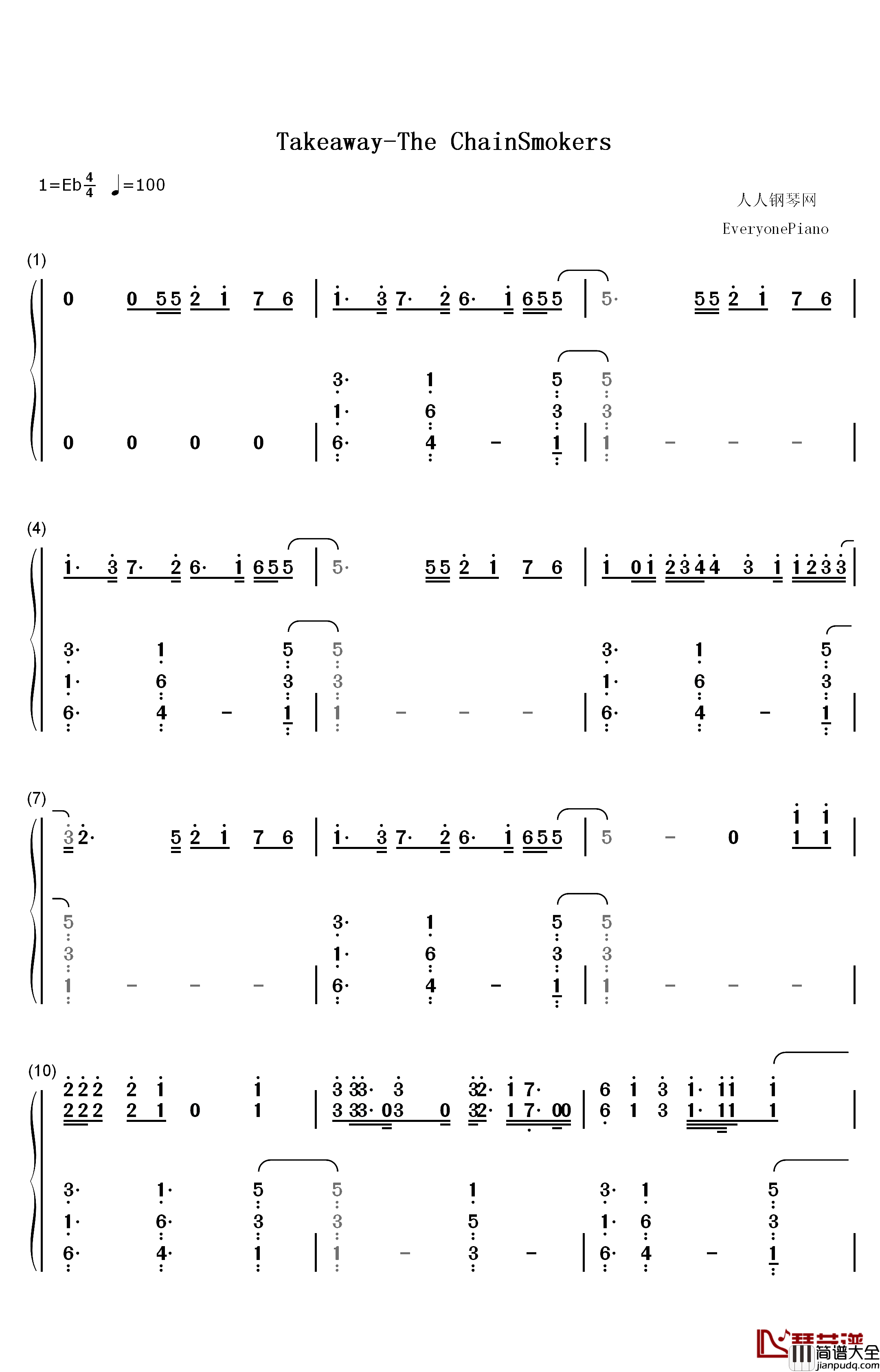 Takeaway钢琴简谱_数字双手_The_Chainsmokers_Illenium_Lennon_Stella
