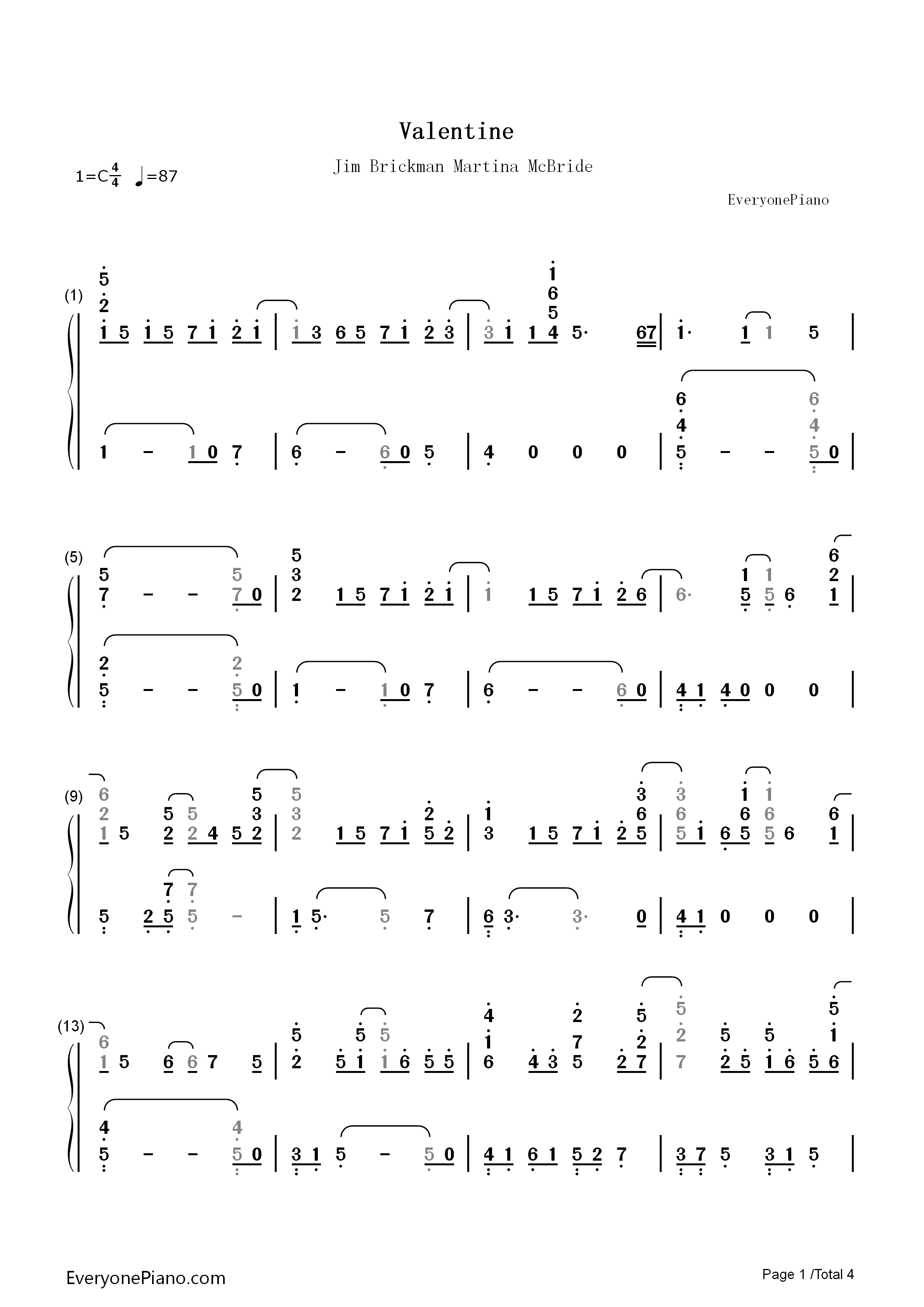 Valentine钢琴简谱_Jim_Brickman_Martina_McBride演唱
