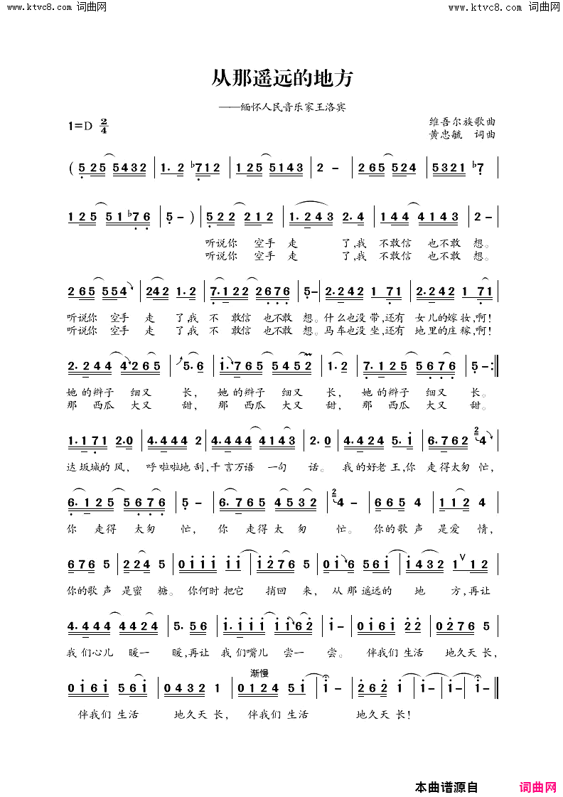 从那遥远的地方缅怀王洛宾简谱_独孤石韵演唱_黄忠毓/黄忠毓词曲