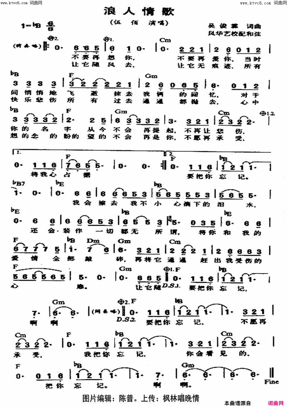 浪人情歌(独唱歌曲)简谱_伍佰演唱_陈普曲谱