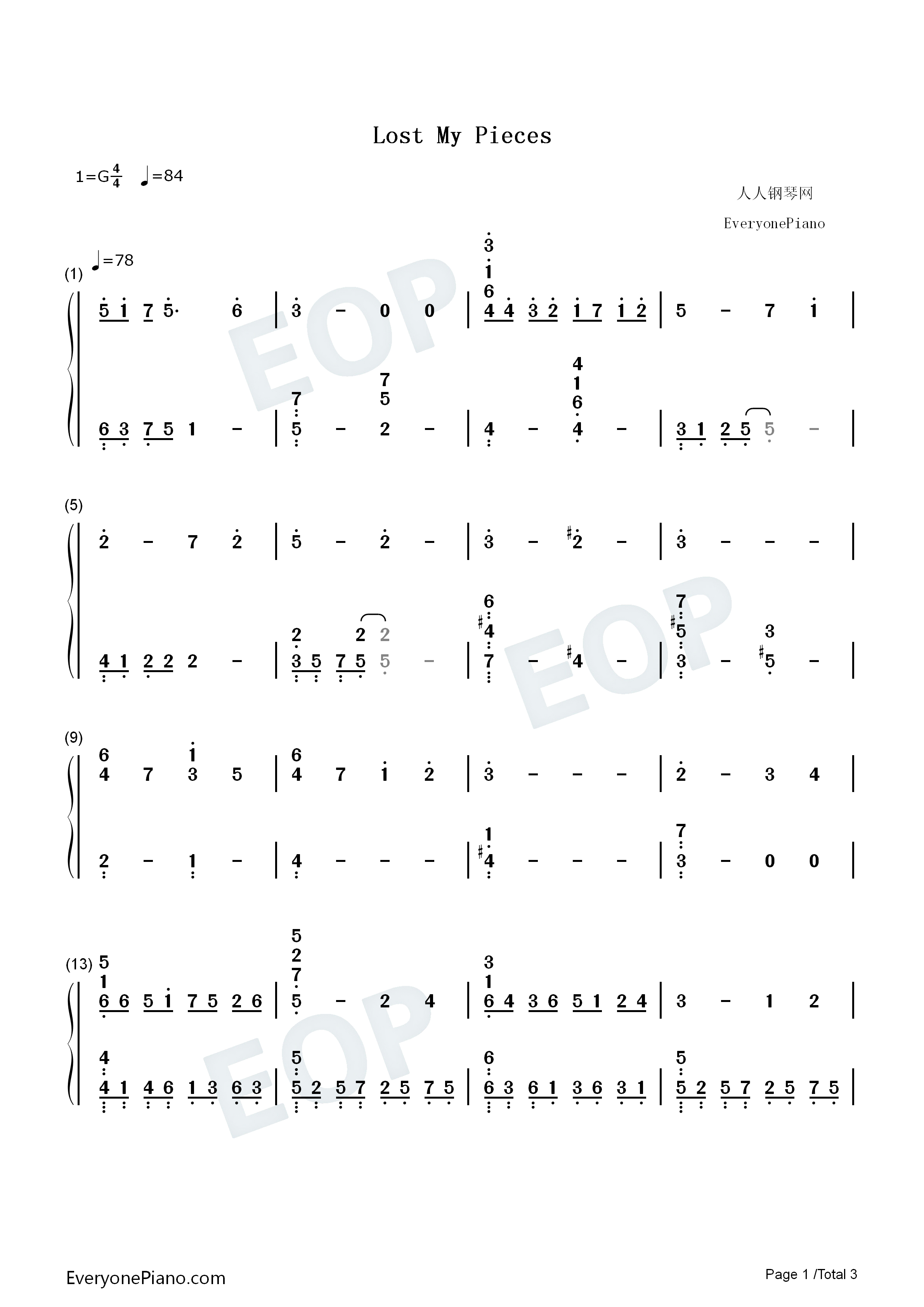 lost_my_pieces钢琴简谱_未知演唱
