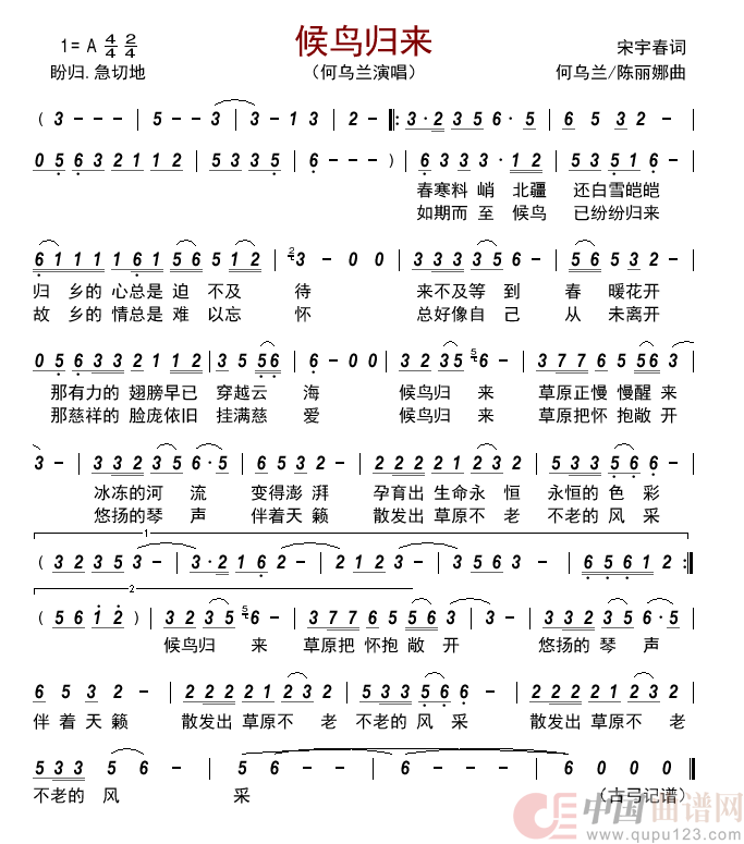候鸟归来简谱_何乌兰演唱_古弓制作曲谱