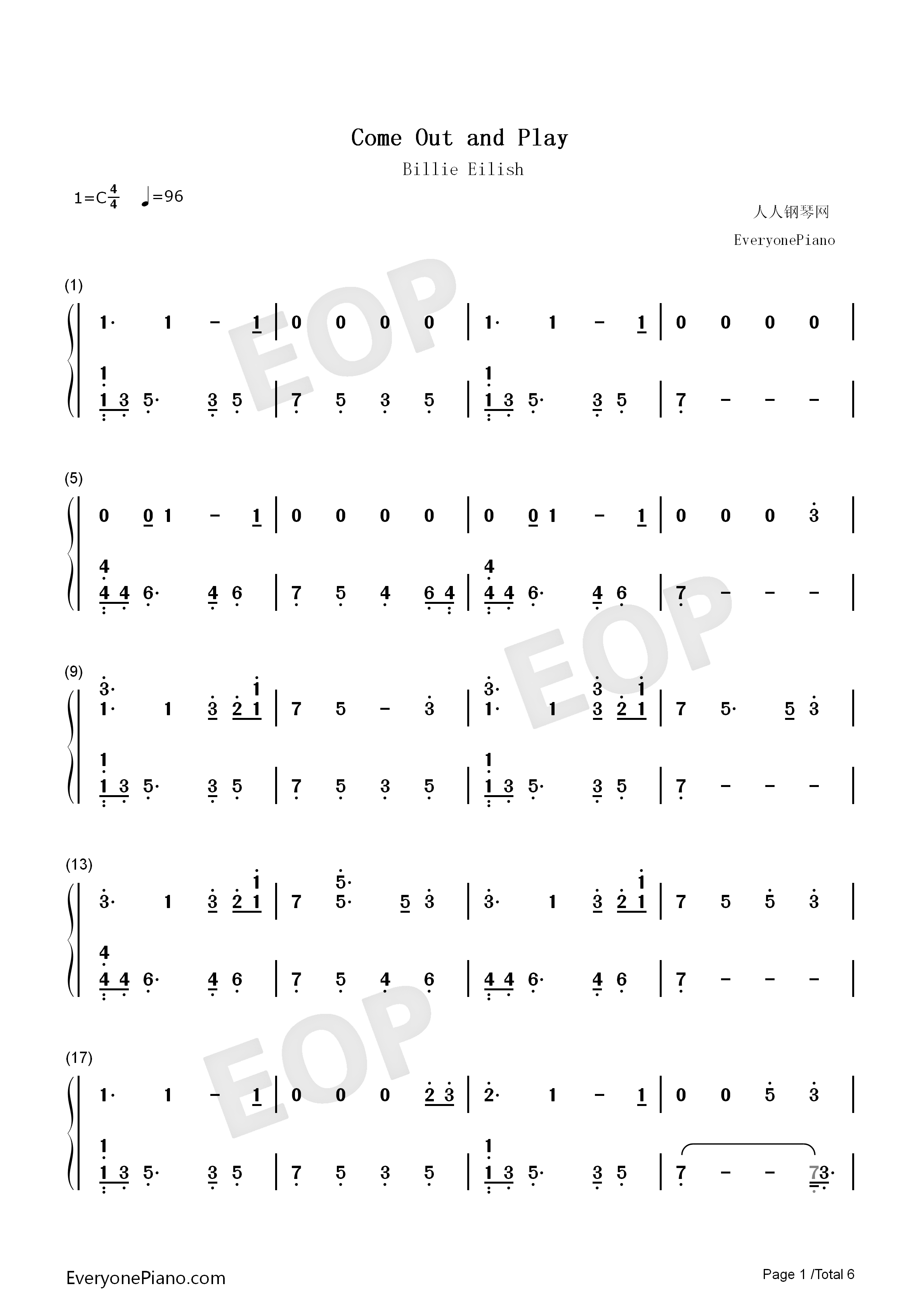 Come_Out_and_Play钢琴简谱_Billie_Eilish演唱