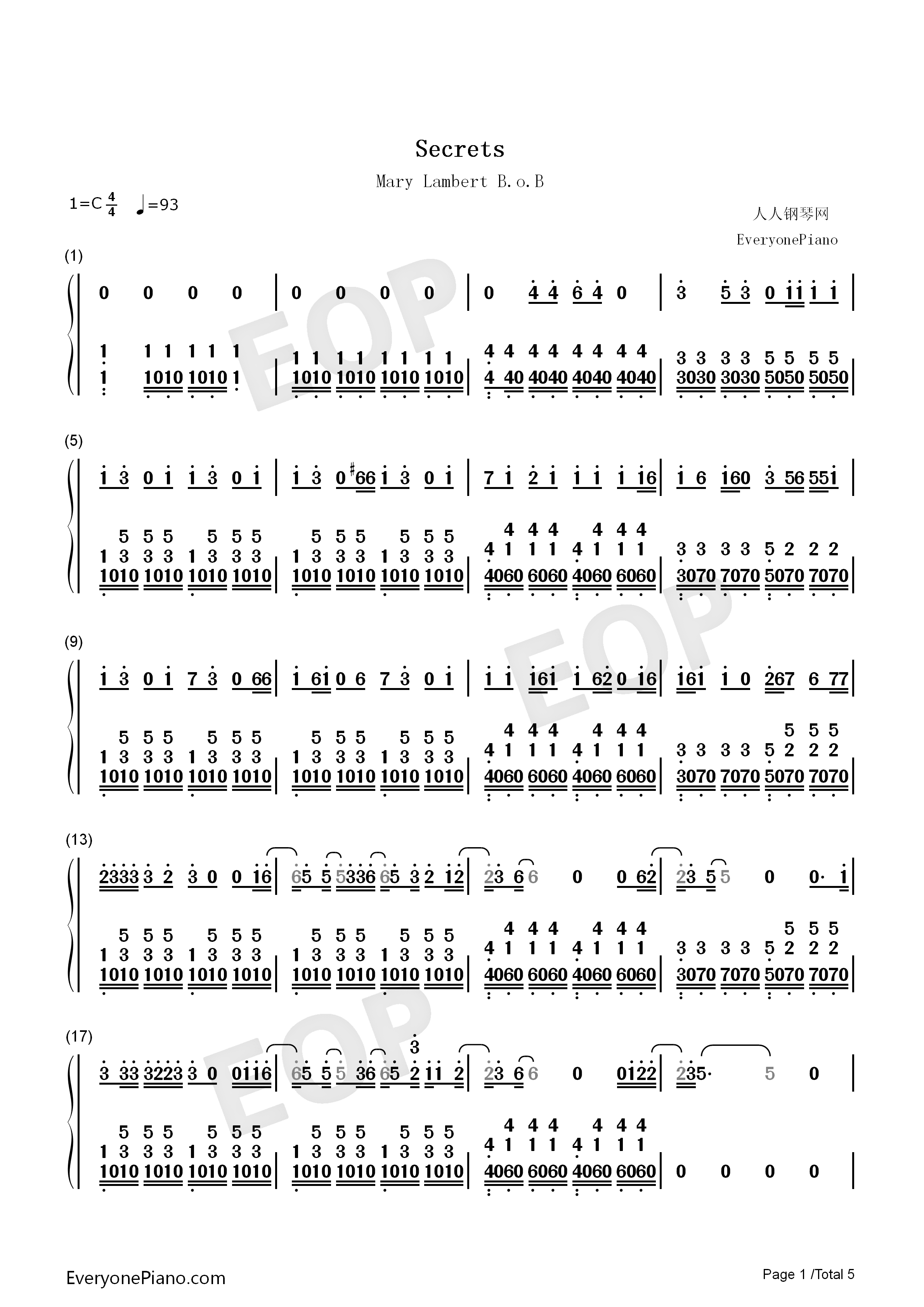 Secrets钢琴简谱_Mary_Lambert_&_B.o.B演唱
