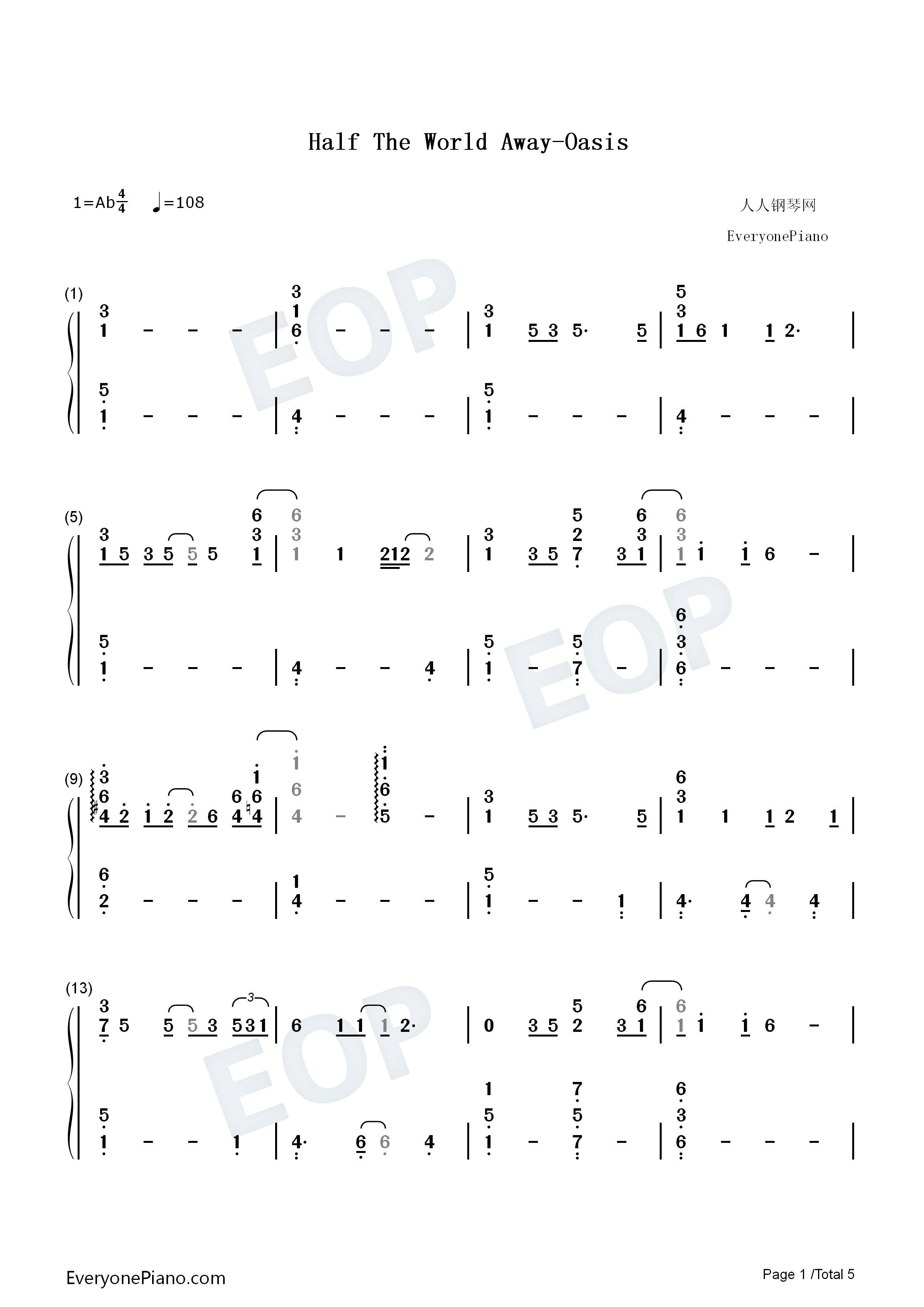Half_The_World_Away钢琴简谱_Oasis演唱