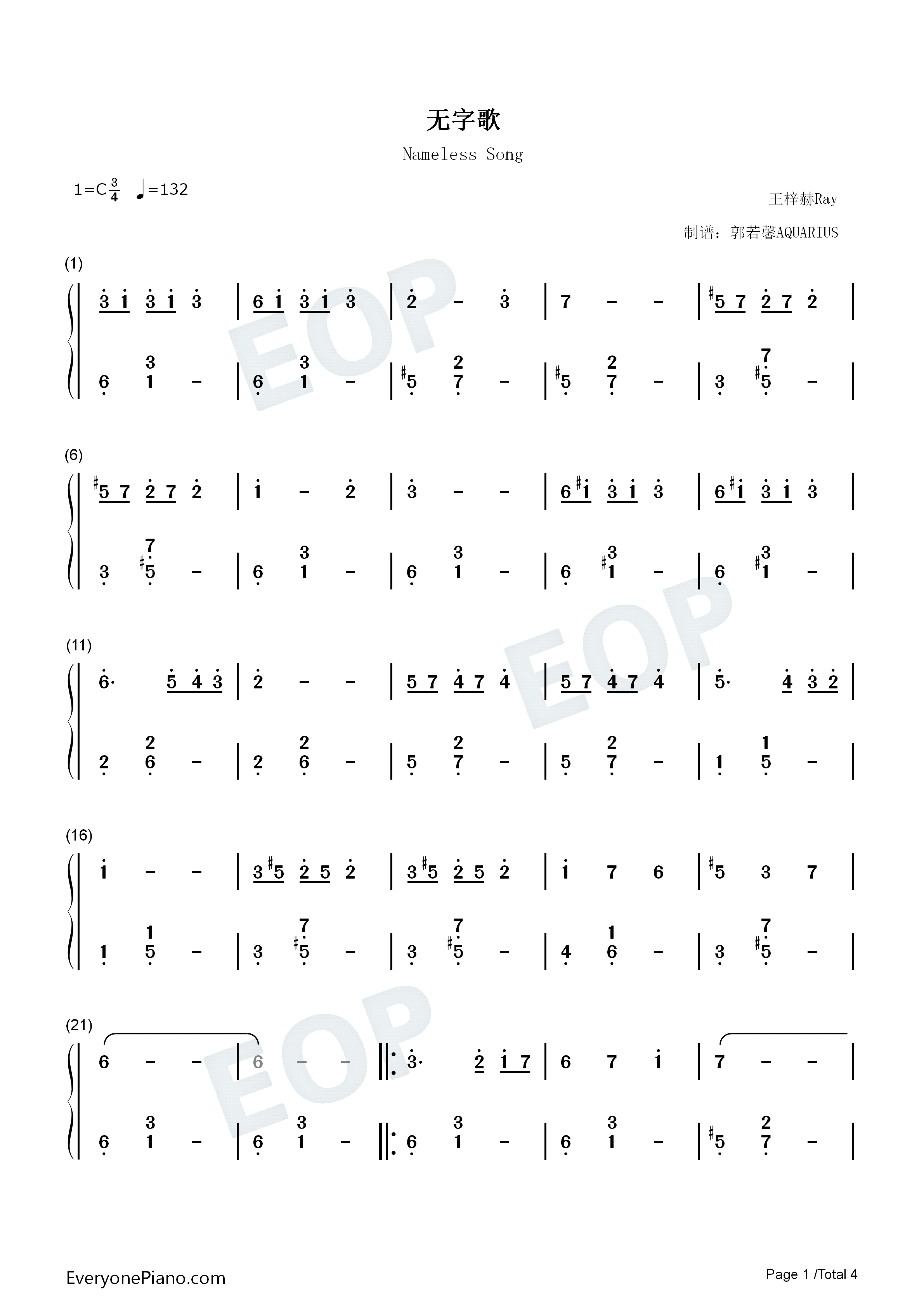 无字歌钢琴简谱_王梓赫Ray演唱