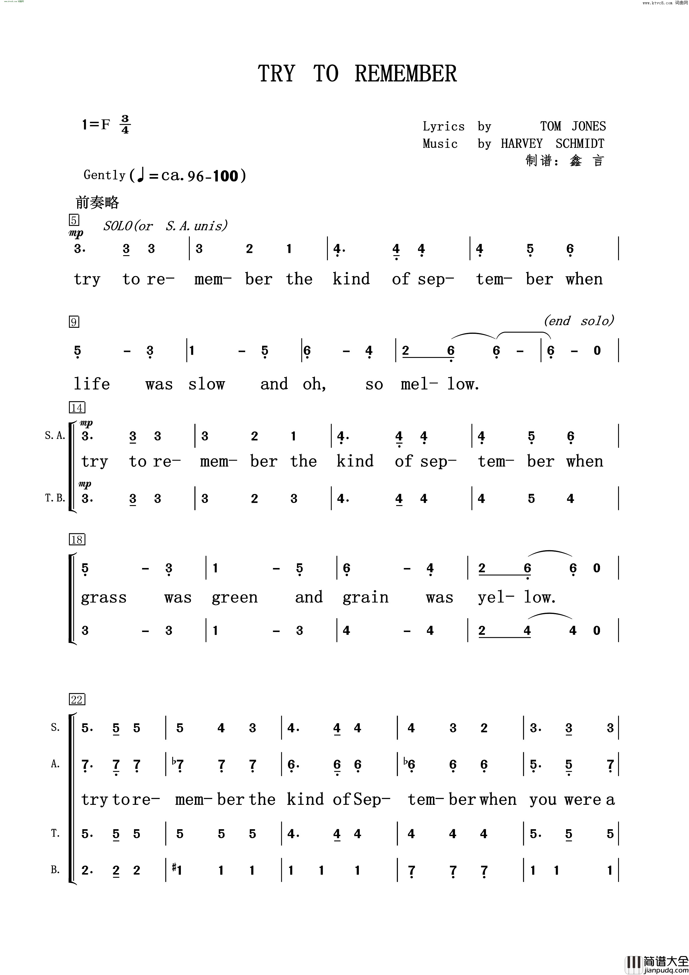 try_to_remember混声合唱简谱简谱